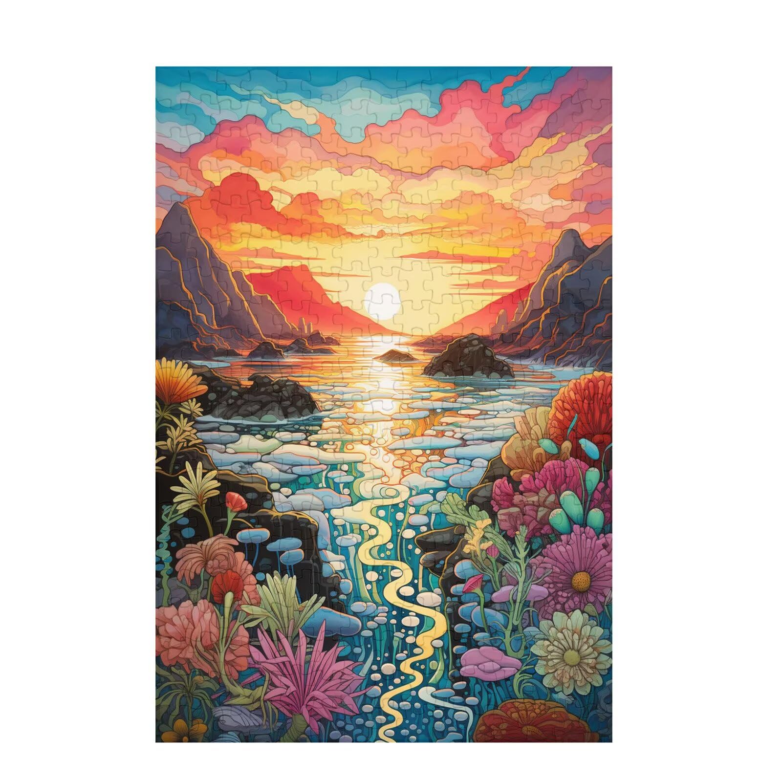 5000 sztuk puzzli dla dorosłych, kreatywne niemożliwe puzzle dla dorosłych początkujących, duża drewniana układanka z plakatem i pudełkiem do przechowywania, wystrój domu, motyw: zachód słońca i góry