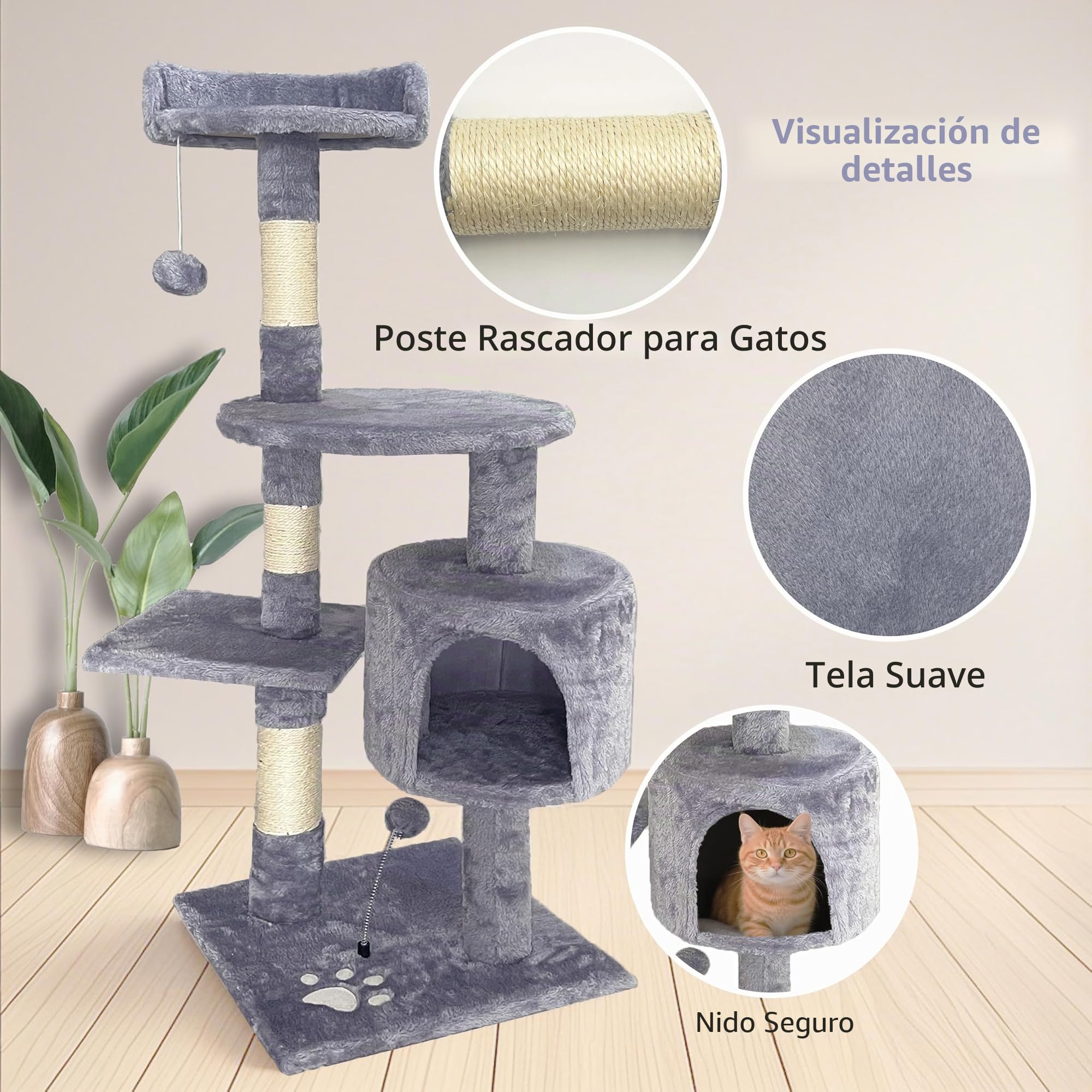 Aitodos® Arbol Rascador para Gatos,Gris Claro,115 cm de Altura,5 Pilares, 4 Plataformas, 1 Cueva de Gatos y 2 Bolas Colgantes, Tabla de Rascado de Gato, Tela de Felpa,Torre para Gatos