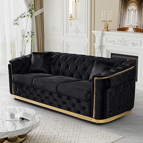 Miniatura 15 de Sofá Chesterfield de terciopelo, sofá negro y dorado de 62.5 pulgadas, sofás de lujo para sala de estar, sofá biplaza moderno de mediados de siglo,