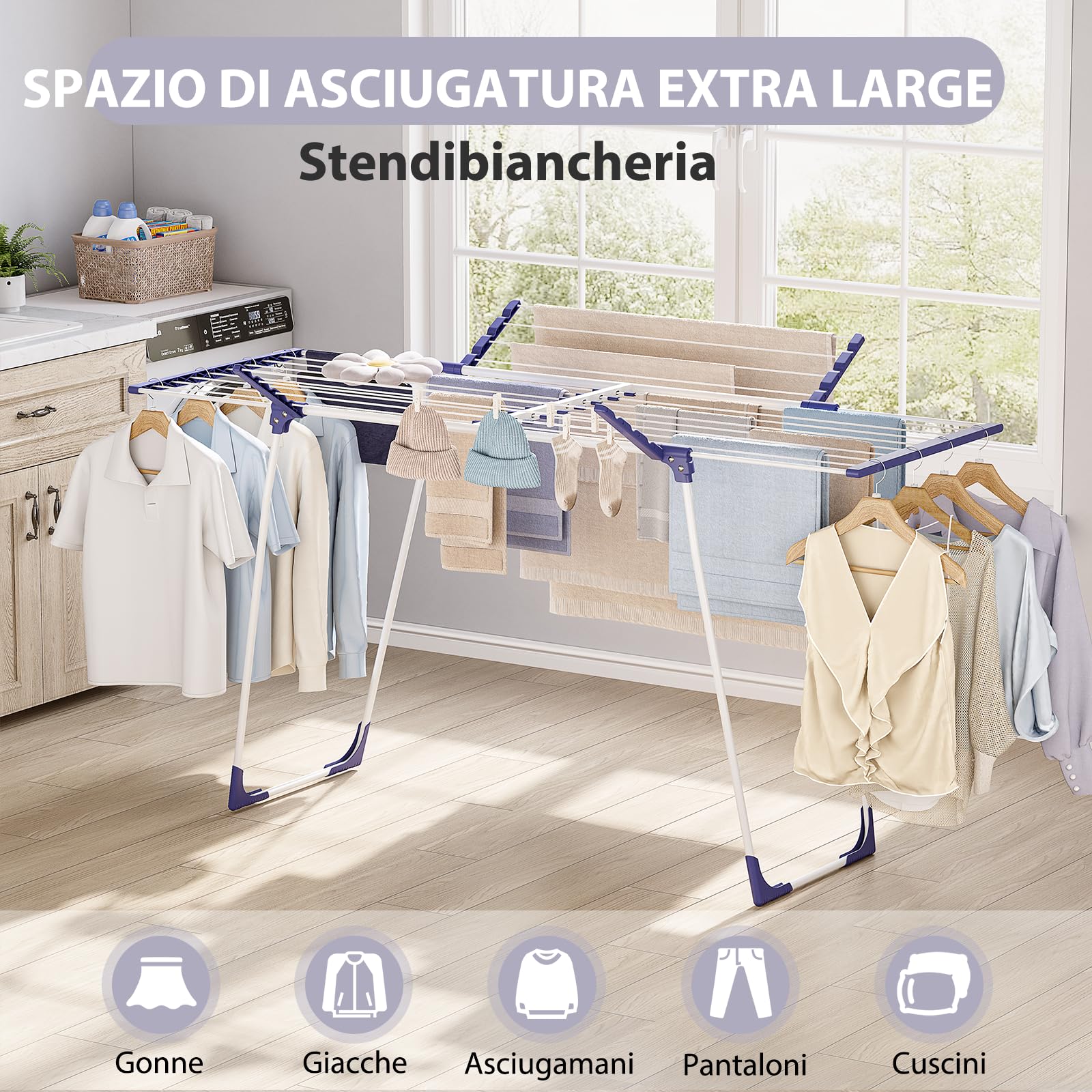 SYKIARIOL Stendibiancheria da Pavimento 22 m XXL - Stendino Salvaspazio - Pieghevole ed Estensibile per Interno/Esterno - Con 10 Clip e Borsa Portatile