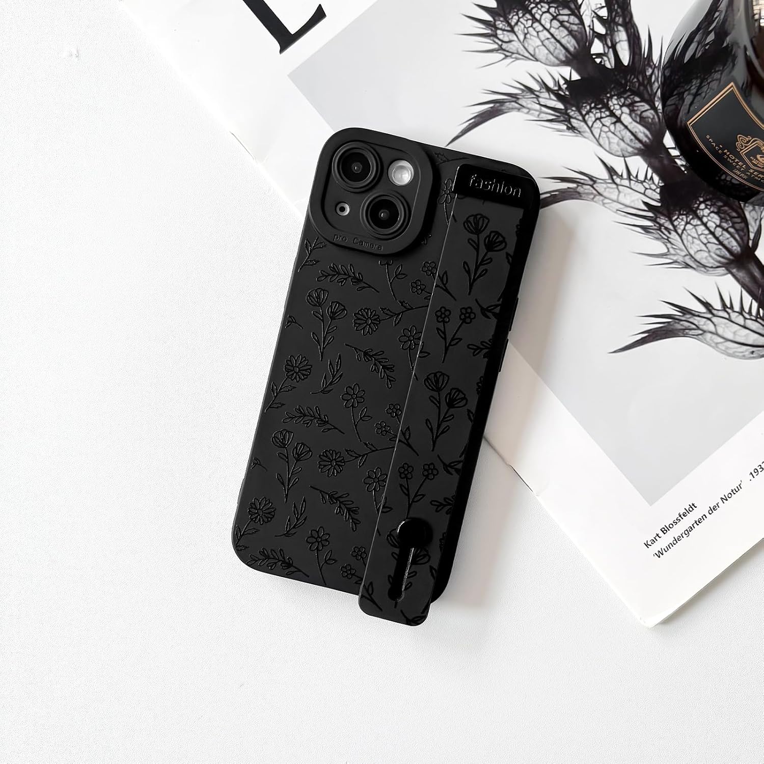 NITITOP Compatible with iPhone 14 Plus Case Cute Floral Flower Leaves for Women Girls with Wrist Adjustable Hand Strap Kickstand Grip Holder Soft TPU Slim Protection Phone Cover - Black - Image 3