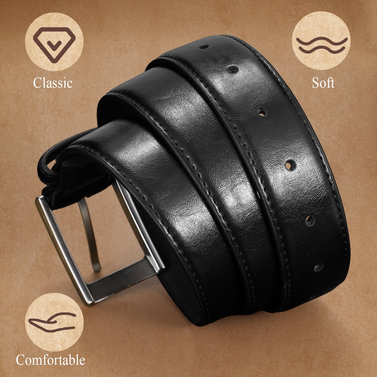 Cinturón de cuero casual para hombre, cinturón de vestir de cuero, clásico para todos los días, cinturón de jeans para hombres, trabajo y negocios, Negro - 3