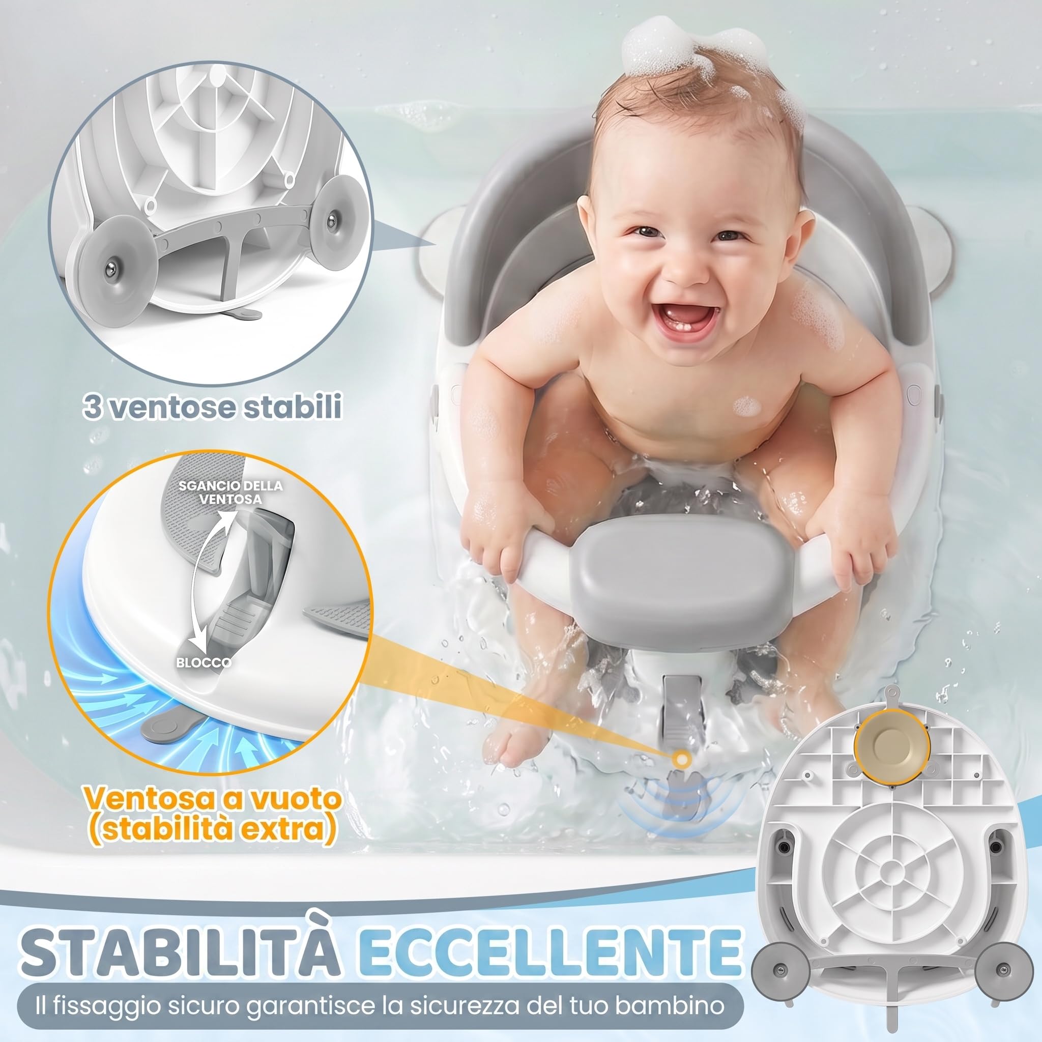 Seggiolino Doccia Bimbo da 6 a 24 mesi con Adesivo Temperatura, Grigio