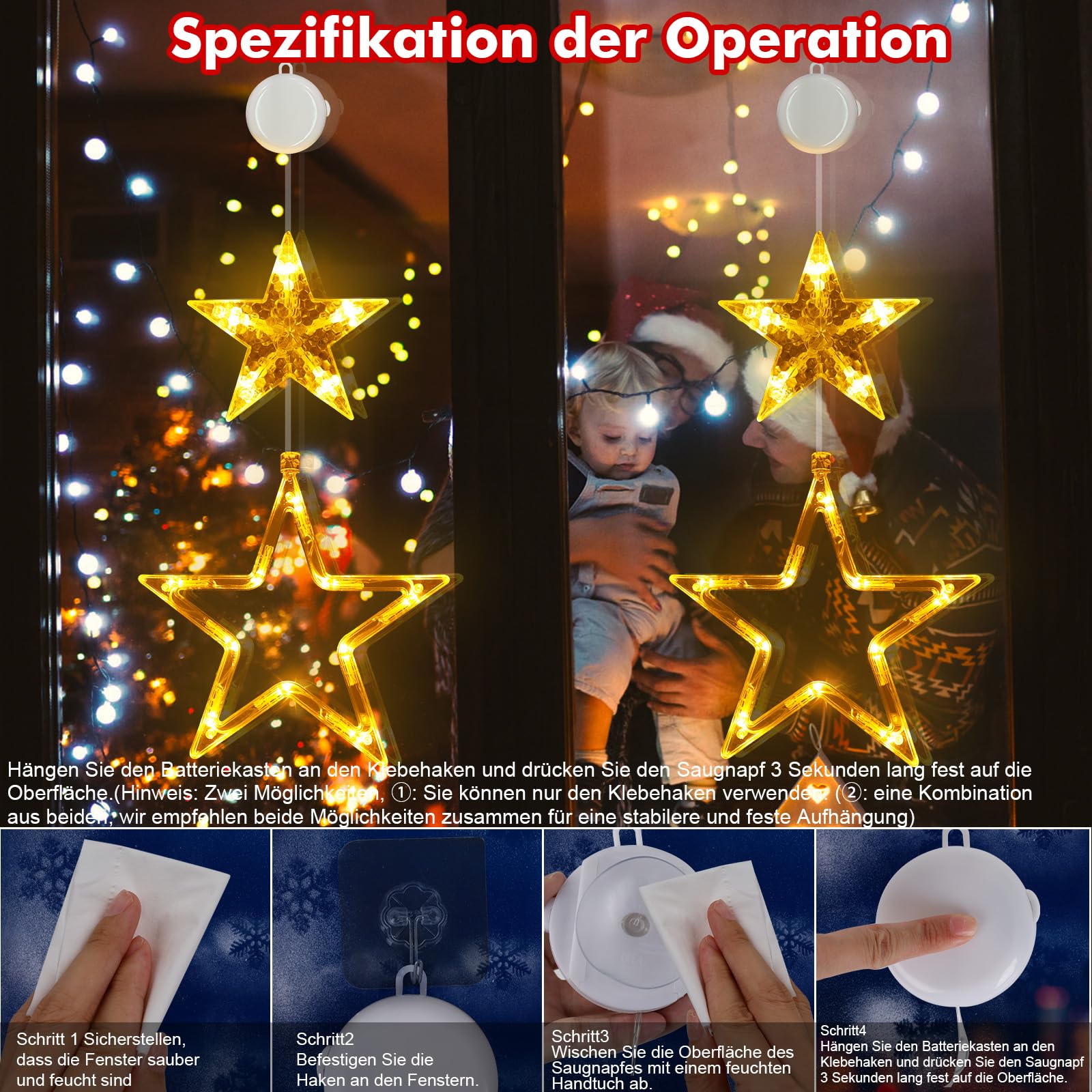 Świąteczne lampki LED w kształcie gwiazdek, 2 sztuki, 30 diod LED, dekoracja świąteczna na okno, do użytku wewnątrz, zasilane bateriami z timerem, 2 tryby, przyssawki, kurtyna świetlna