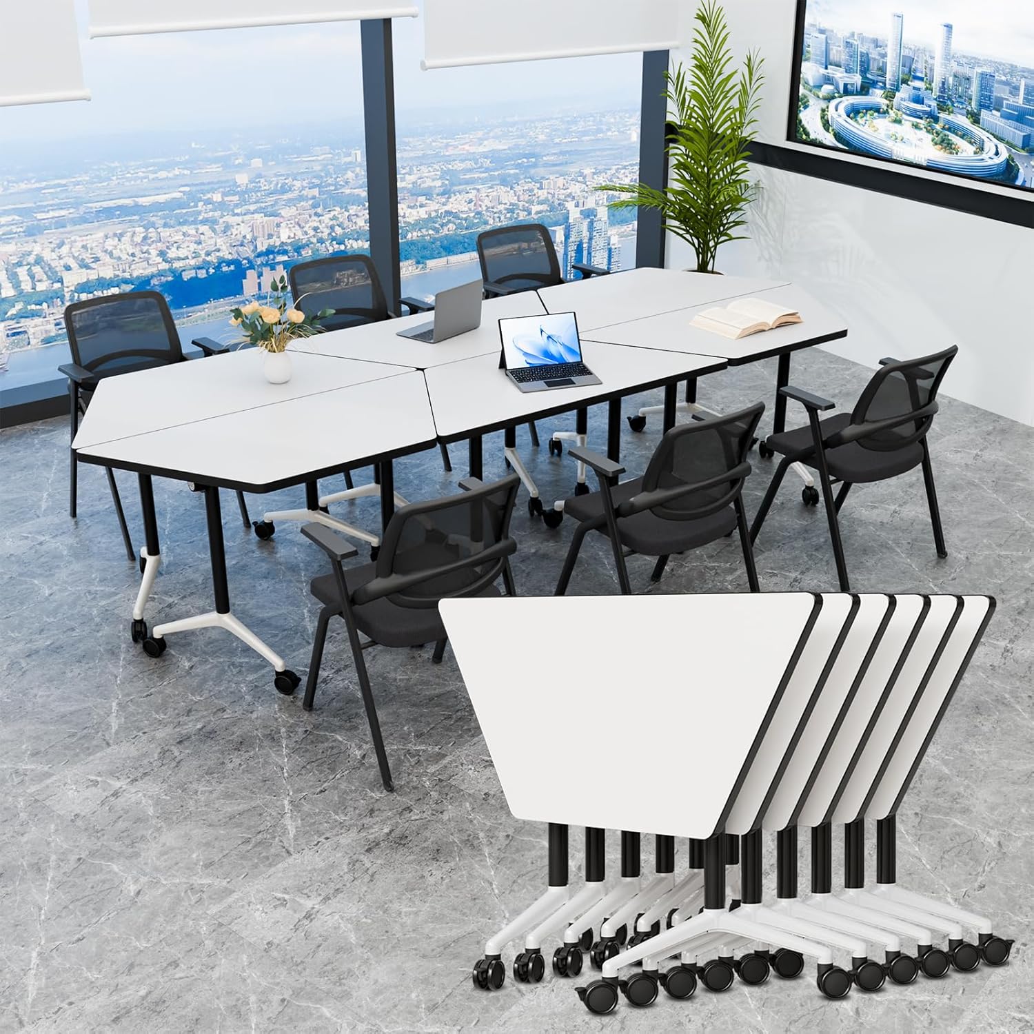 Conference Room Tables, 6 Pack Folding Conference Table with Wheels, Trapezoid Shaped Combinable Modular Training Tables, Foldable Flip Top Mobile Rolling Table