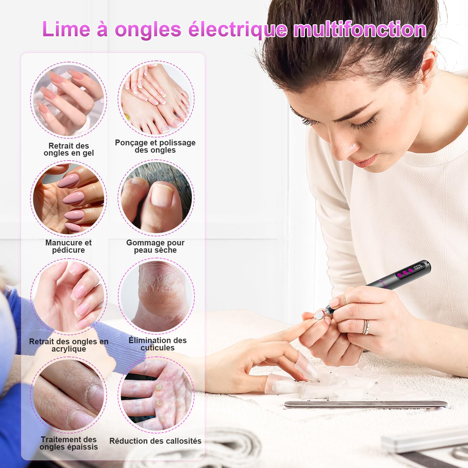 POFIBO Ponceuse pour Ongles Professionnel - 12 en 1 Lime a Ongle Electrique 35000RPM avec LCD écran Numérique, sans fil, 5 vitesses réglables - Kit de Manucure Pédicure Rechargeable Vitesse