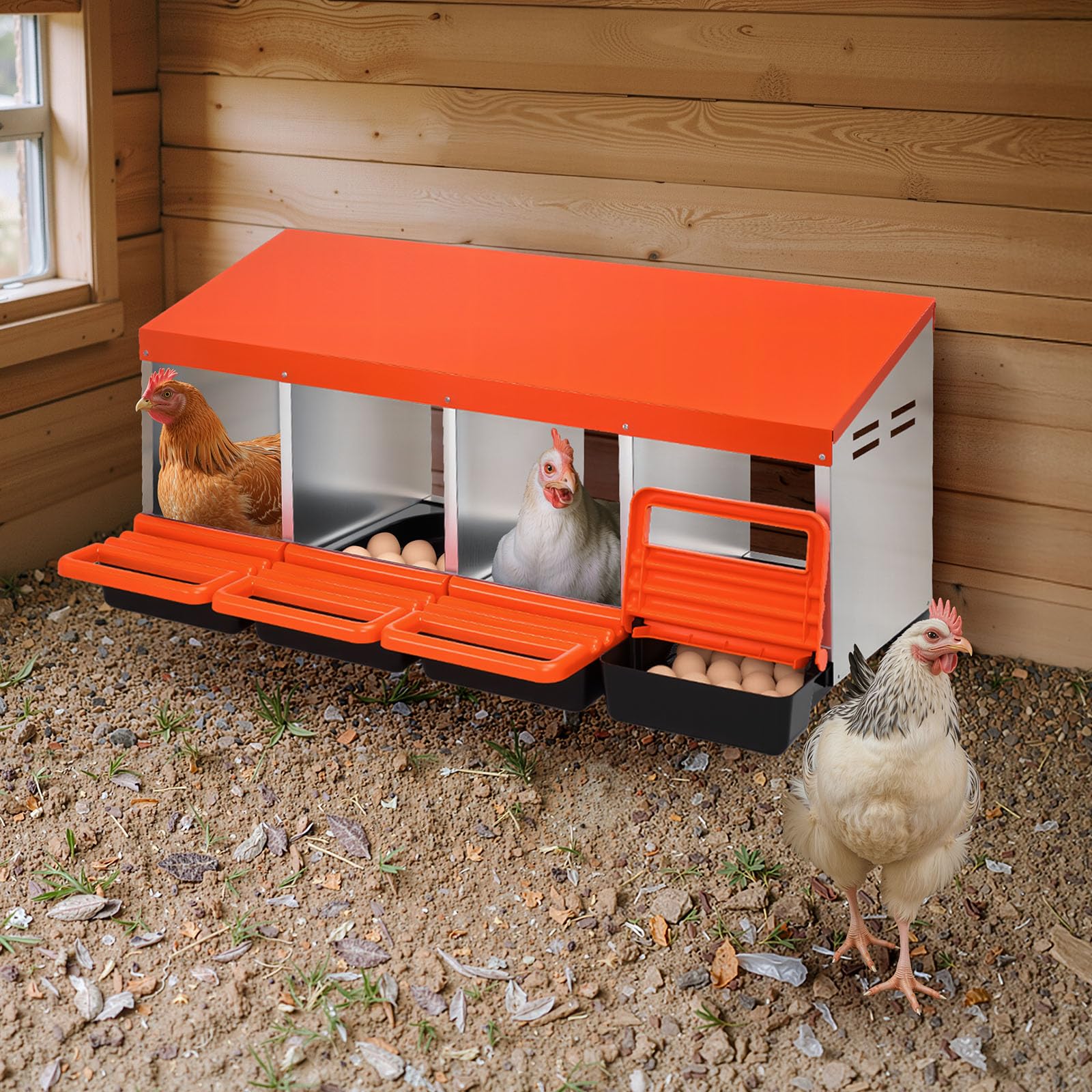 VEVOR Nidi per Galline a 4 Scomparti, Scatole per La Deposizione delle Uova in Metallo con Coperchi di Raccolta Protettivi, Nido Estraibile, Facile da Montare, Ideale per Galline, Anatre, Arancione