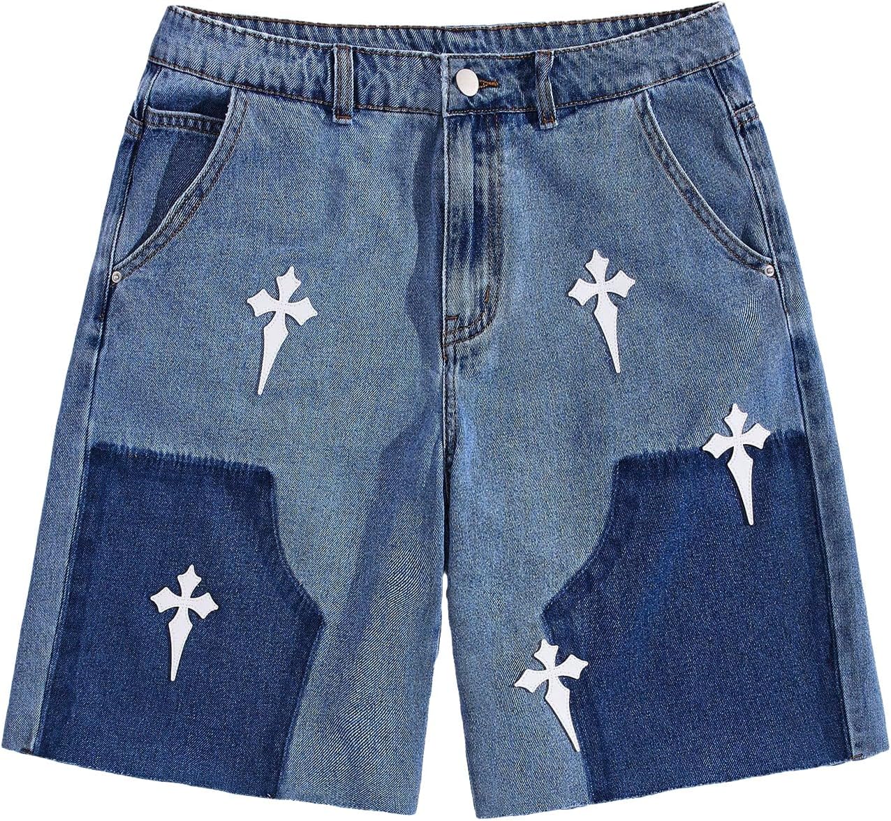 Mens Cross Pattern Patch Raw Hem Jean Shorts Color Jamaica Ubuy