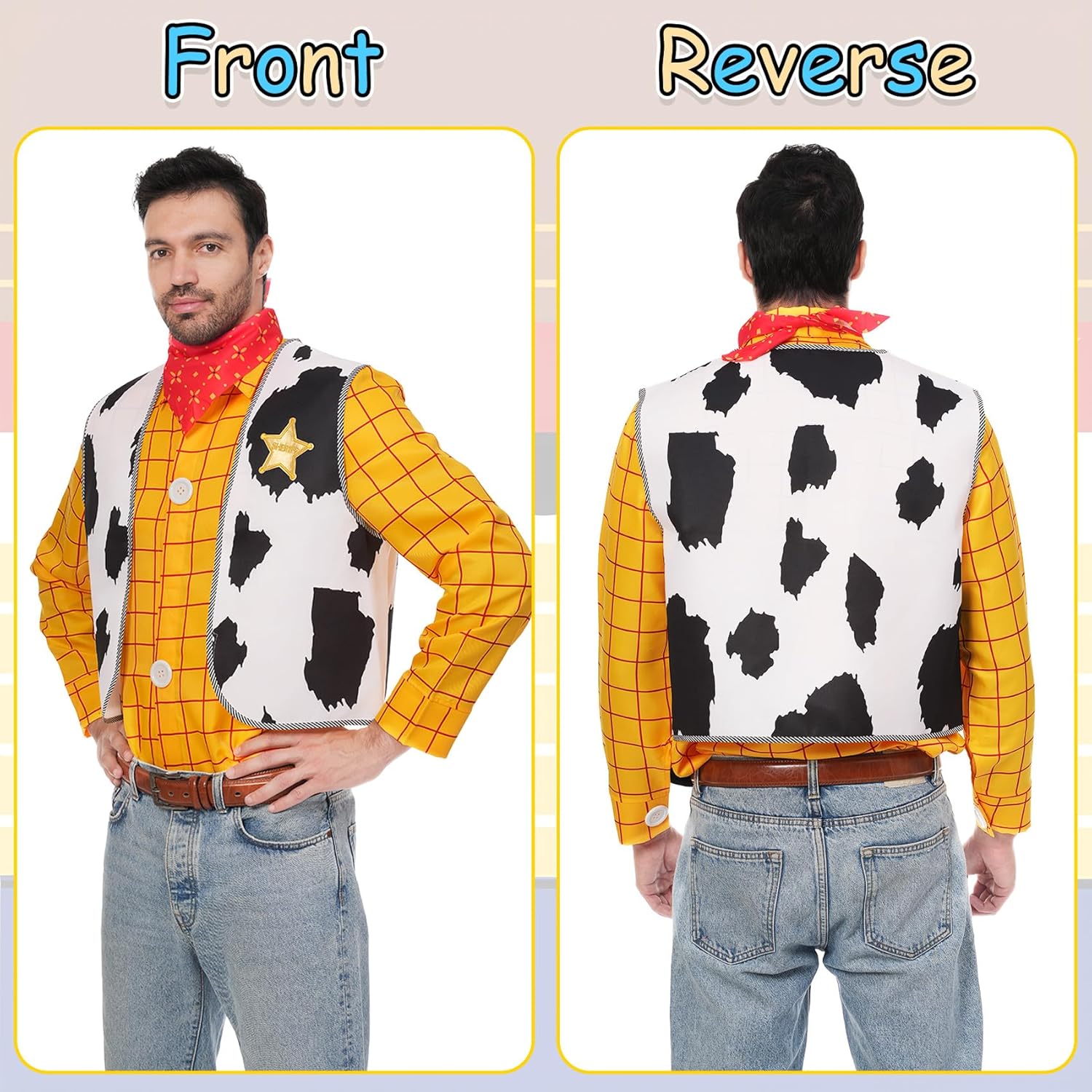 Cowboy Costume Include Tartan Long Sleeve Casual Shirt Button down Vest Red Scarf for Halloween Costume Cosplay
