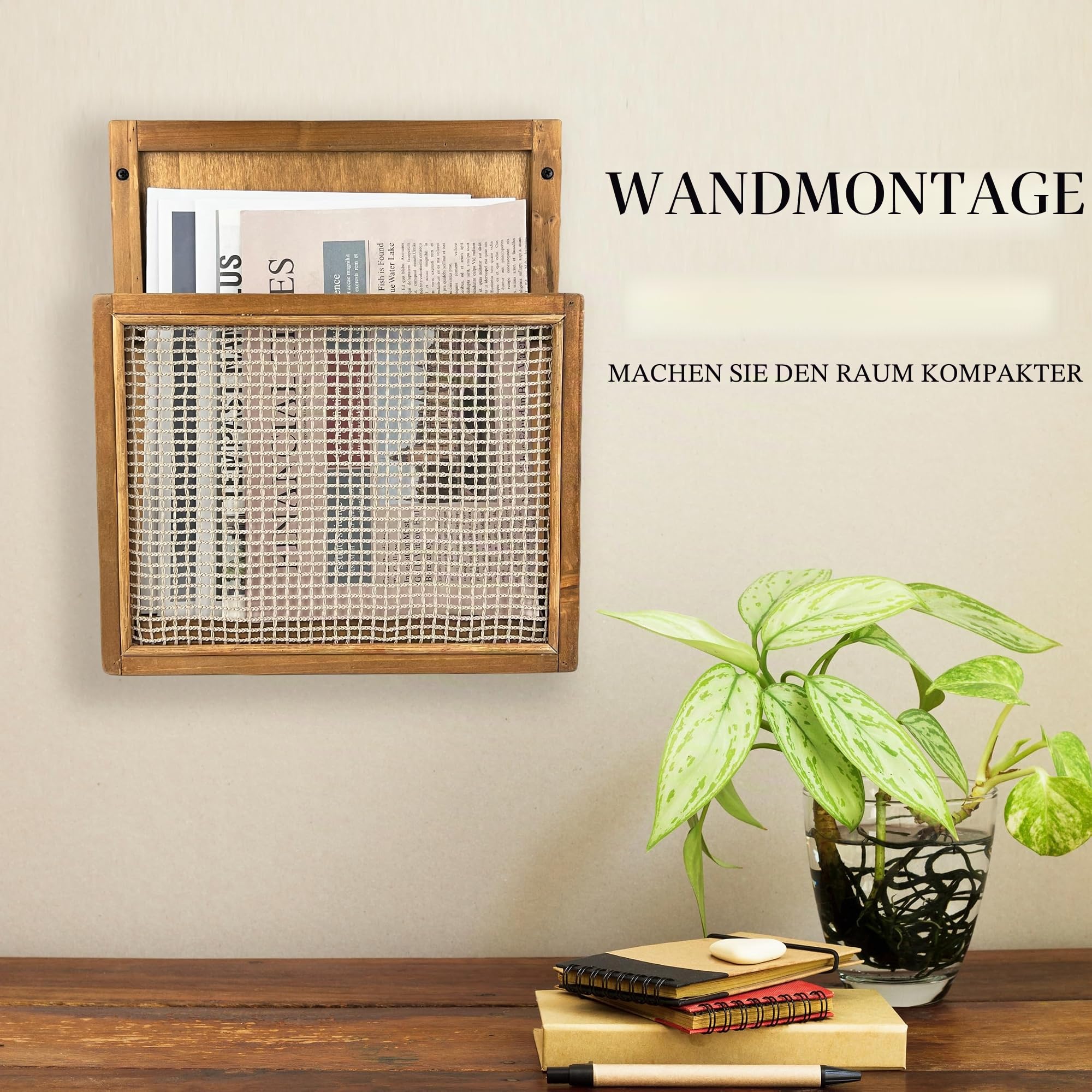 Zeitschriftenständer aus Holz, zur Wandmontage, Boho-Stil, Wandordner, Aktenhalter für Eingangsbereich, Wohnzimmer, Kinderzimmer und Büro, Zeitschriftenhalter, hängender Post-Organizer (braun)