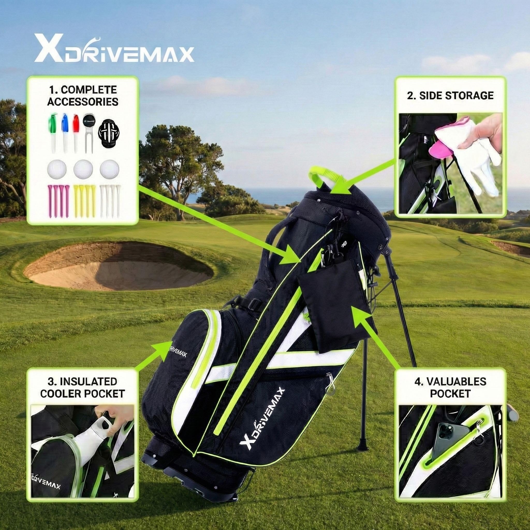 XDriveMax Golfbag, leichtes Golf standbag mit 8-facher Unterteilung für Herren und Damen,Premium Golf Bag mit Regenhülle, Kühlfach und Golfzubehör Kit