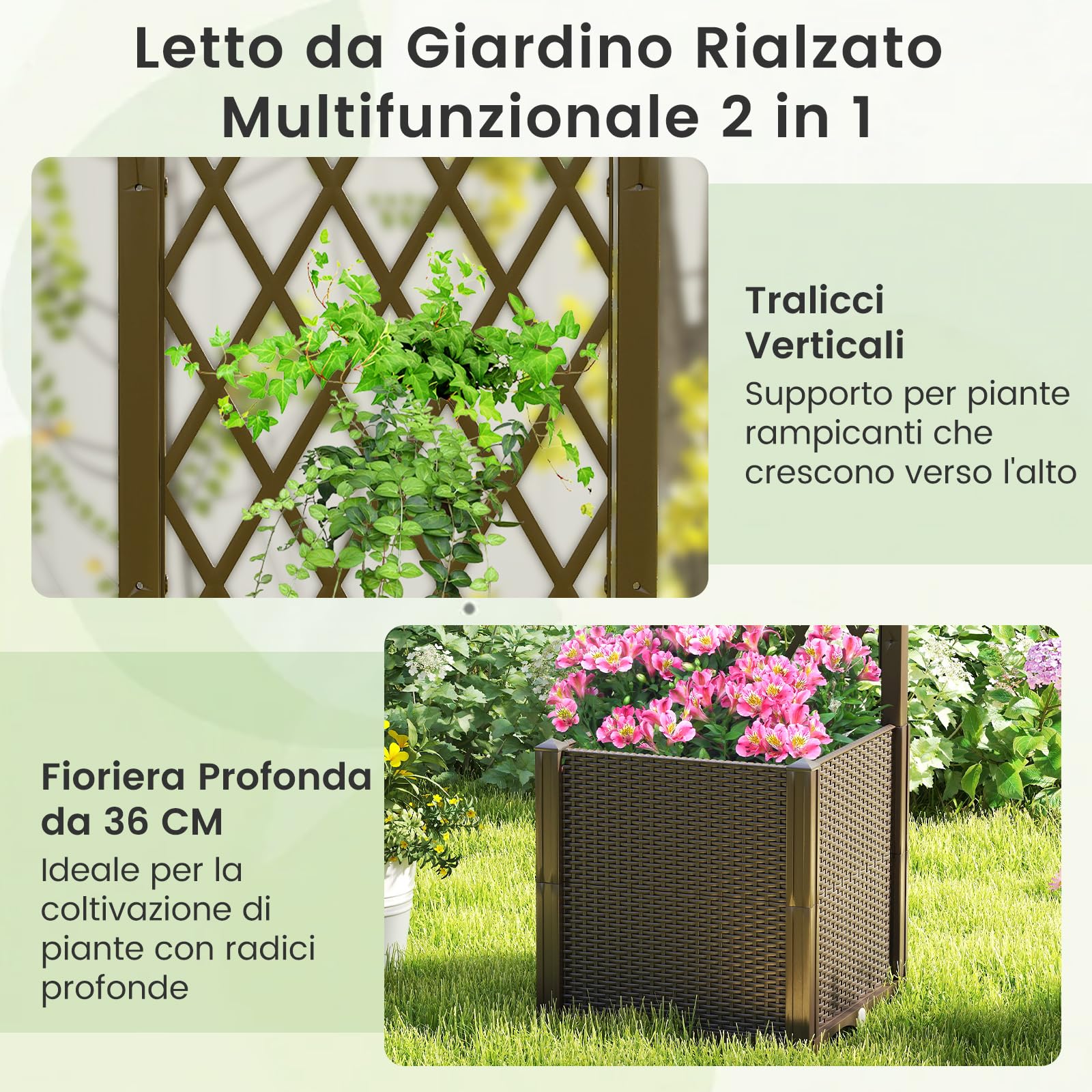 RELAX4LIFE 2 in 1 Fioriera da Esterno con Graticcio, Sistema Auto-irrigante e Drenaggio, Fioriera da Giardino per Piante Rampicanti, Balcone (Marrone, 40 x 40 x 140 cm)
