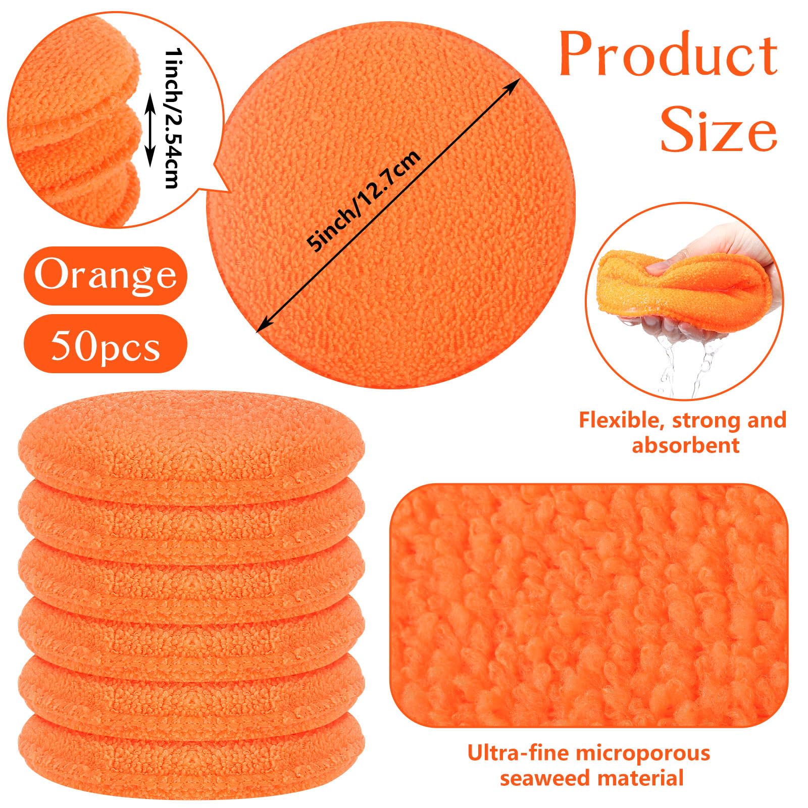 Tanlade 50 almohadillas aplicadoras de microfibra para detalles de coche, aplicador de cera, almohadillas de microfibra, 5 pulgadas de diámetro (naranja)