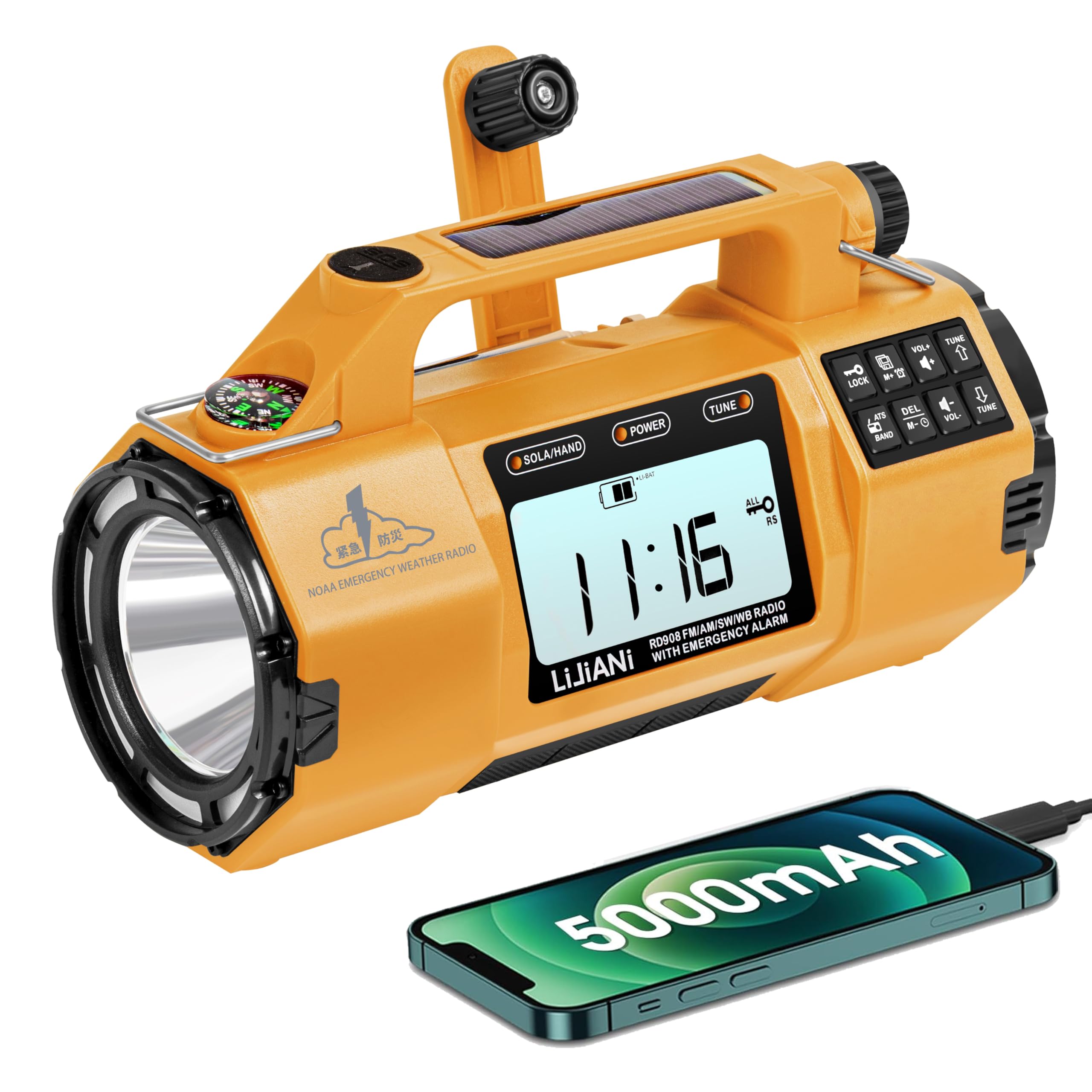 Emergency Radio FM/AM/SW/NOAA Weather Alert, Big Flashlight Big Speaker,Sleep Timer Alarm Clock, Solar/Hand Crank 5000mAh Replaceable Battery,with Cell Phone Charger Hurricane Storm Survival kit-image-36