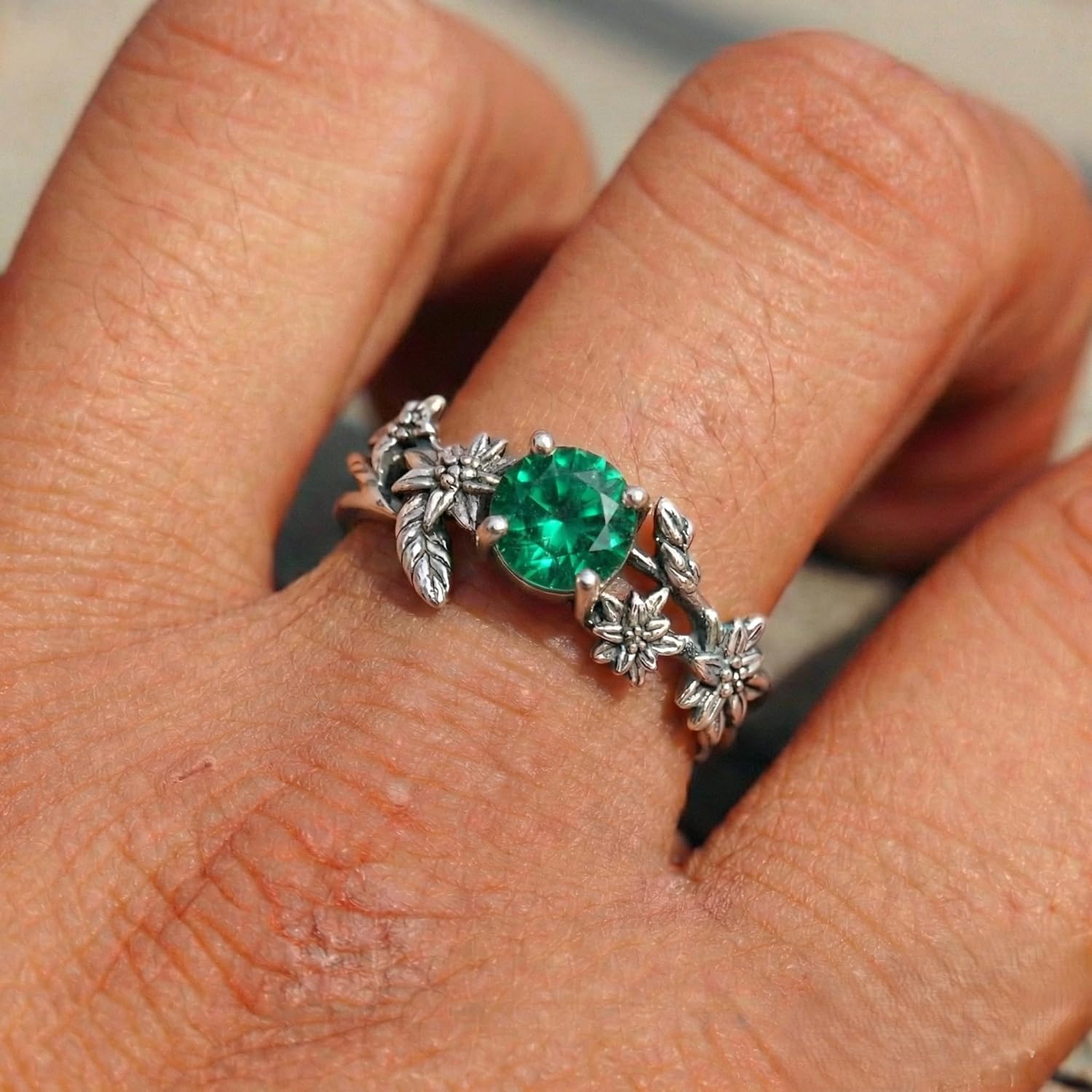 Vintage Birthstone Ring in 925 Sterling Silver | Round Cut Gemstone Ring | Floral Art Deco Statement Ring | Handmade Victorian Jewelry Gift for Her and Him | Nature-Inspired Unisex