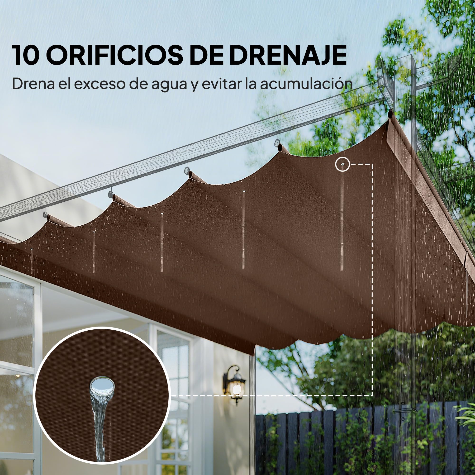 Outsunny Techo de Pérgola 3,5x2,6 m, Techo de Repuesto Retráctil para Marco de Pérgola de 4x3 m, UV30+, Toldo de Tela Solo para Cenador Jardín con 10 Orificios de Drenaje, Café