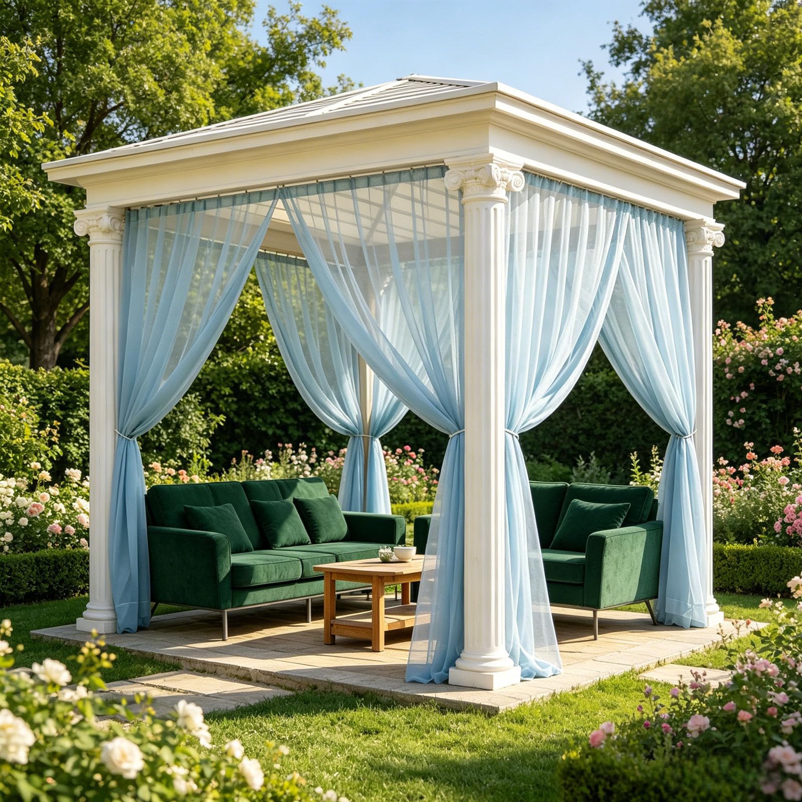 Outdoor Sheer Curtains for Patio, 4 Panels Waterproof Light Filtering Voile Outside Curtains Screen Mesh Net Privacy Drapes Rod Pocket for Front Porch, Gazebo,98.43x62.99in (Blue)