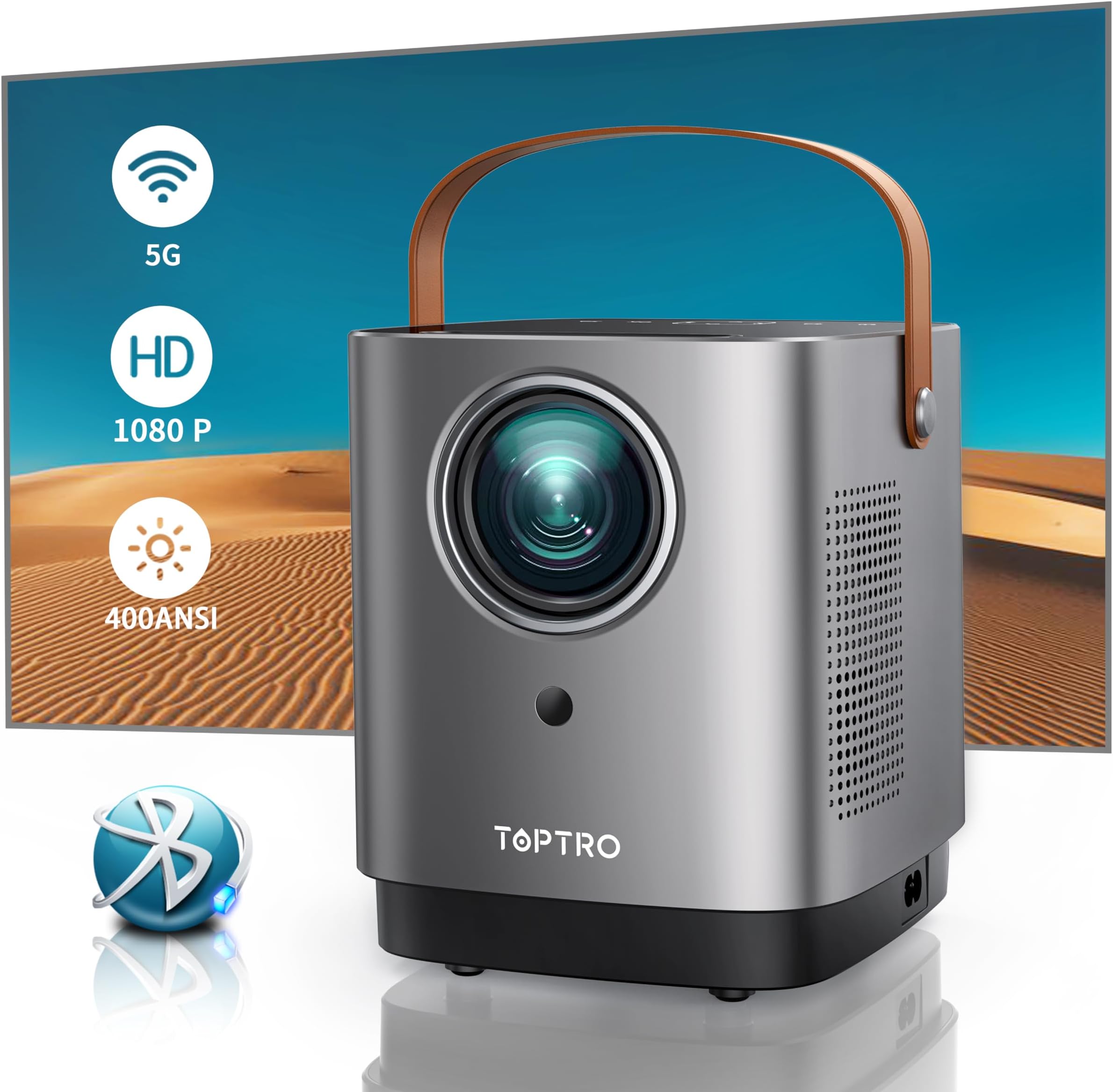 Mini Projector TOPTRO Portable Projector Support Full HD 1080P, 400 ANSI, 5G WiFi Bluetooth Video Projector with Touch Screen Buttons, Home Movie Projector Compatible with Smartphone, TV Stick