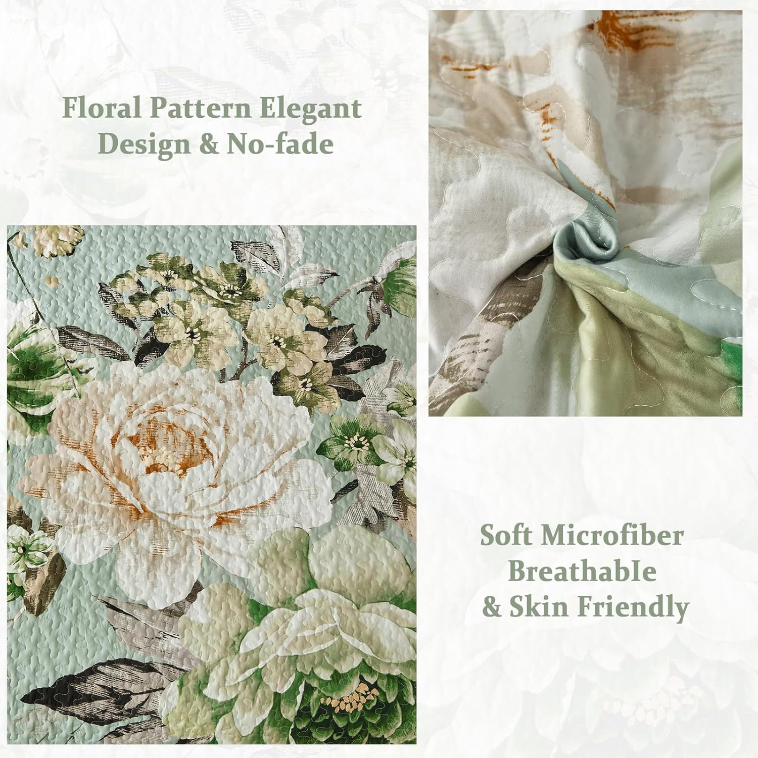 WONGS BEDDING Floral Quilt Set Queen, Sage Green 3 Pieces Elegant Flower Bedspread Coverlet for All Season Soft Microfiber Lightweight Reversible Quilt Bedding Set with 2 Pillow Shams 96"X90" - Image 4