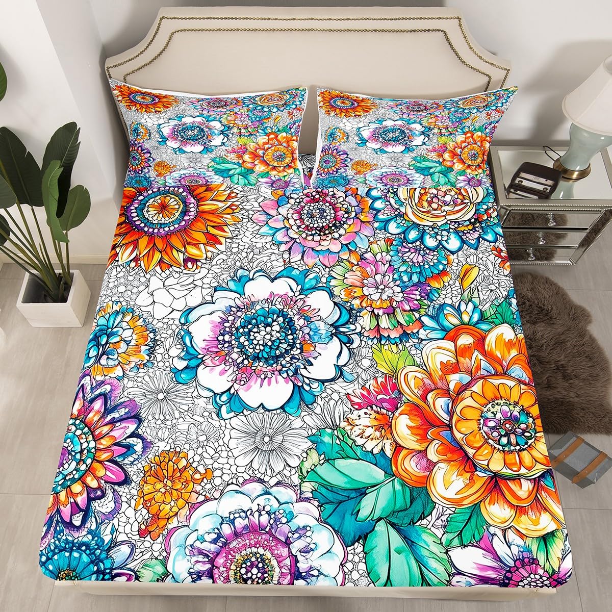 Homewish Juego de sábanas bohemias florales para cama doble, diseño exótico bohemio, para niños y niñas, juego de sábanas rústicas modernas de 4 piezas