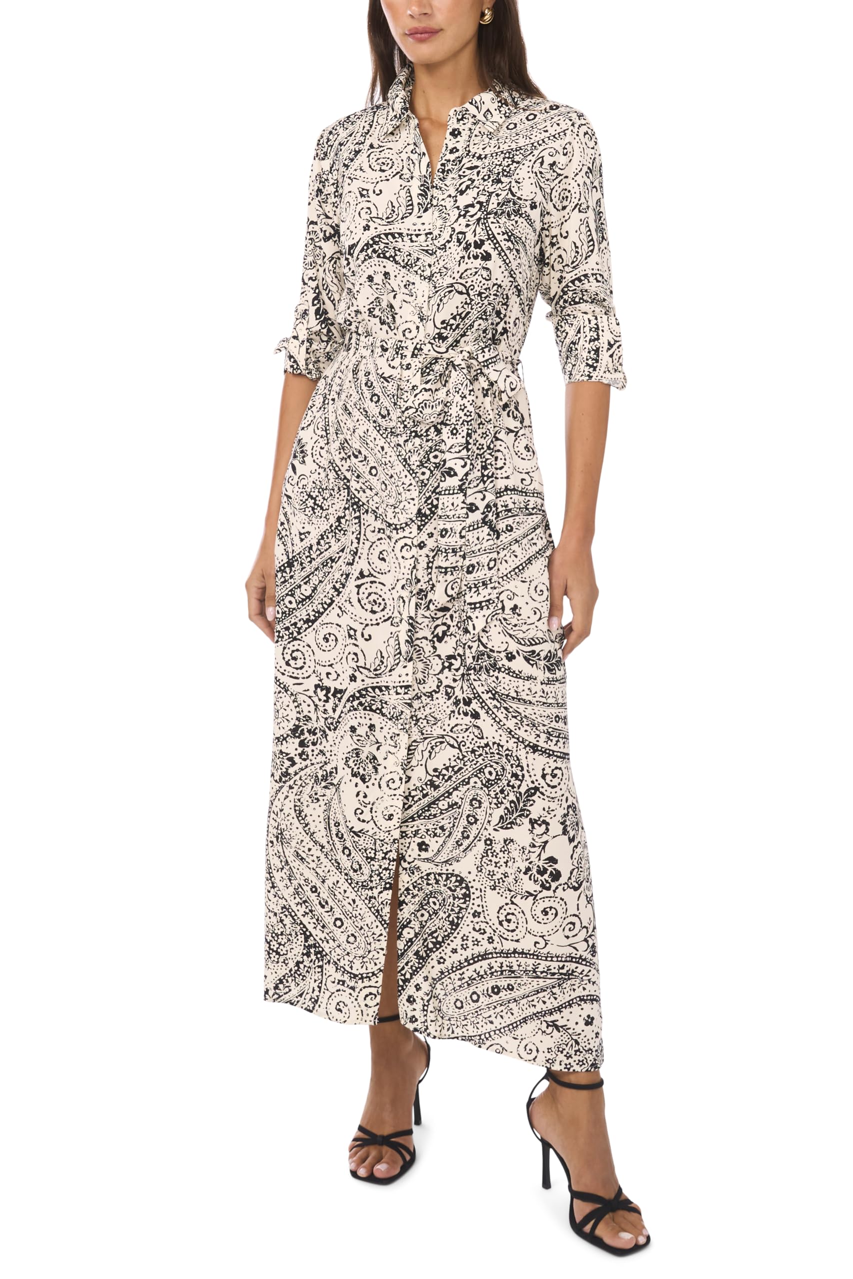 Vince Camuto Women's Tie Belt Long Sleeve Maxi Shirt Dress