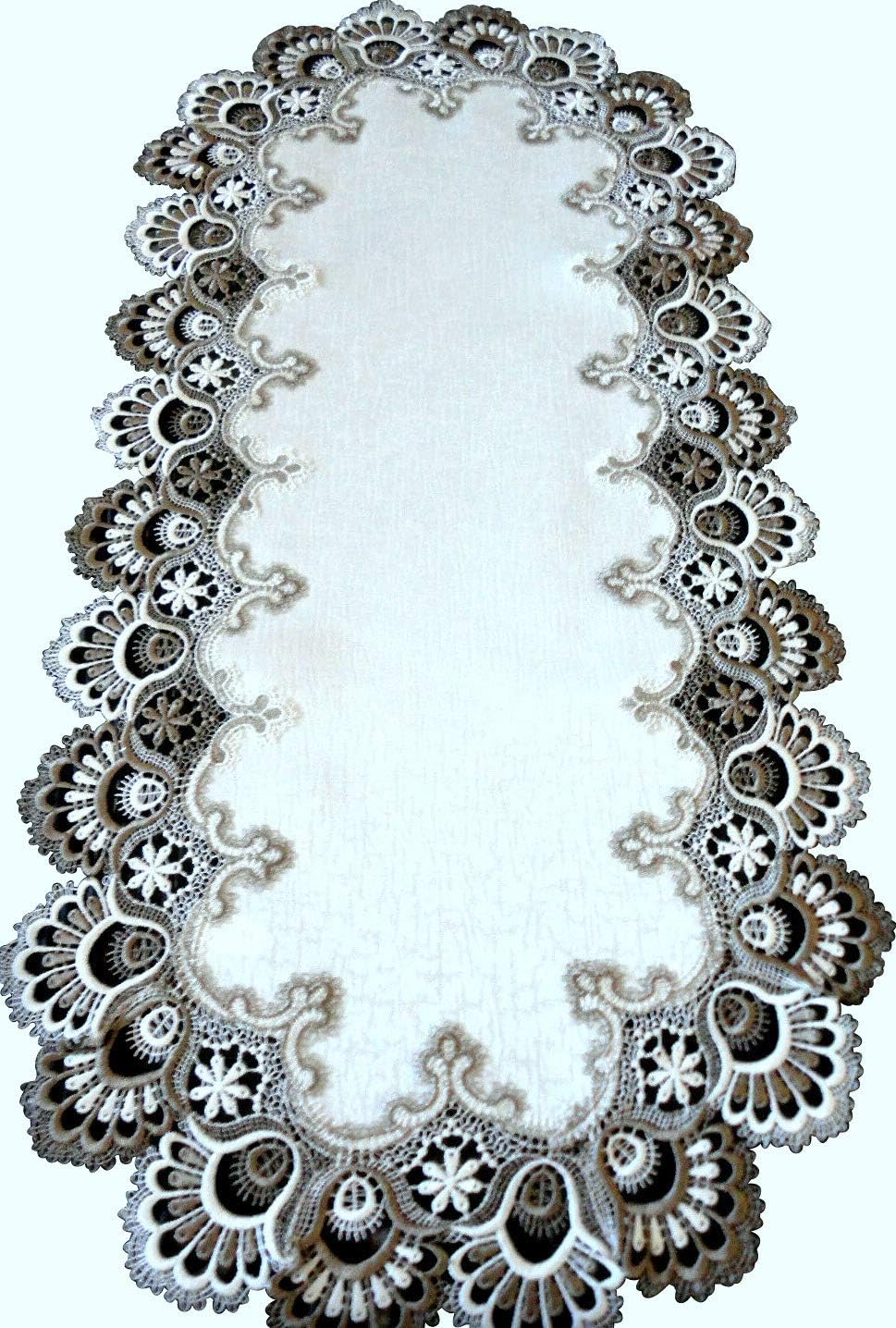 Lace Dresser Scarf 70" Table Runner Cocoa Brown Neutrals & White Doily Earth Tones