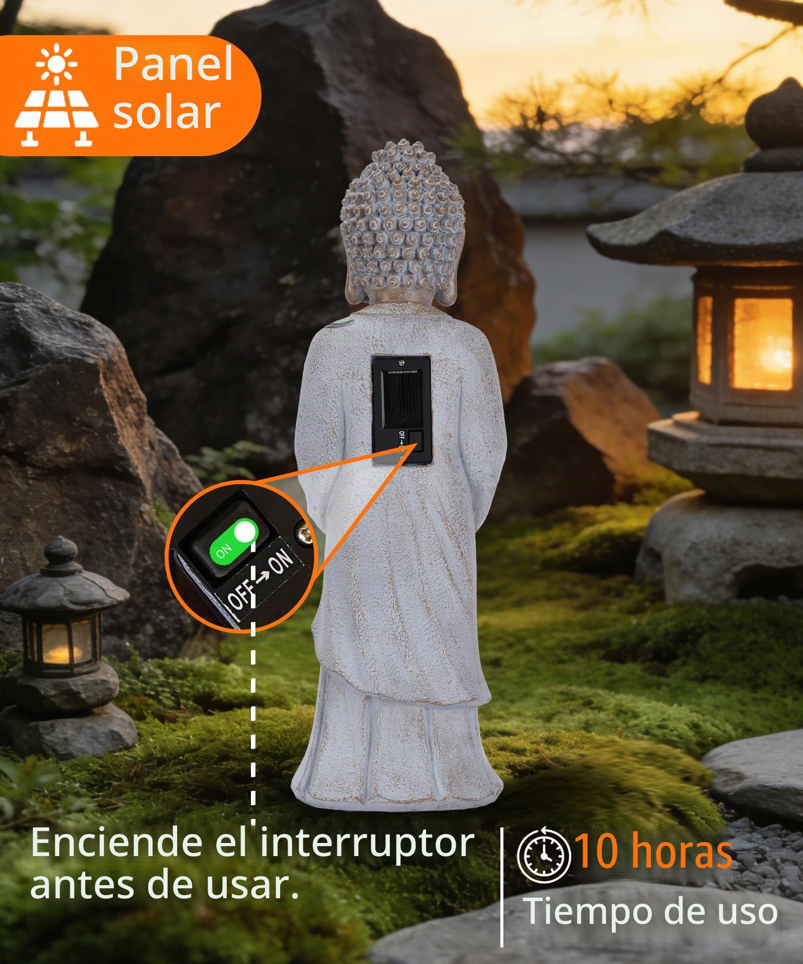 Yeomoo Figura de Buda de pie con LED solar de loto, decoración de jardín, resistente a la intemperie, para jardín, salón, Feng Shui, espiritual, regalo para mujeres, mamá y hombres, 37 cm