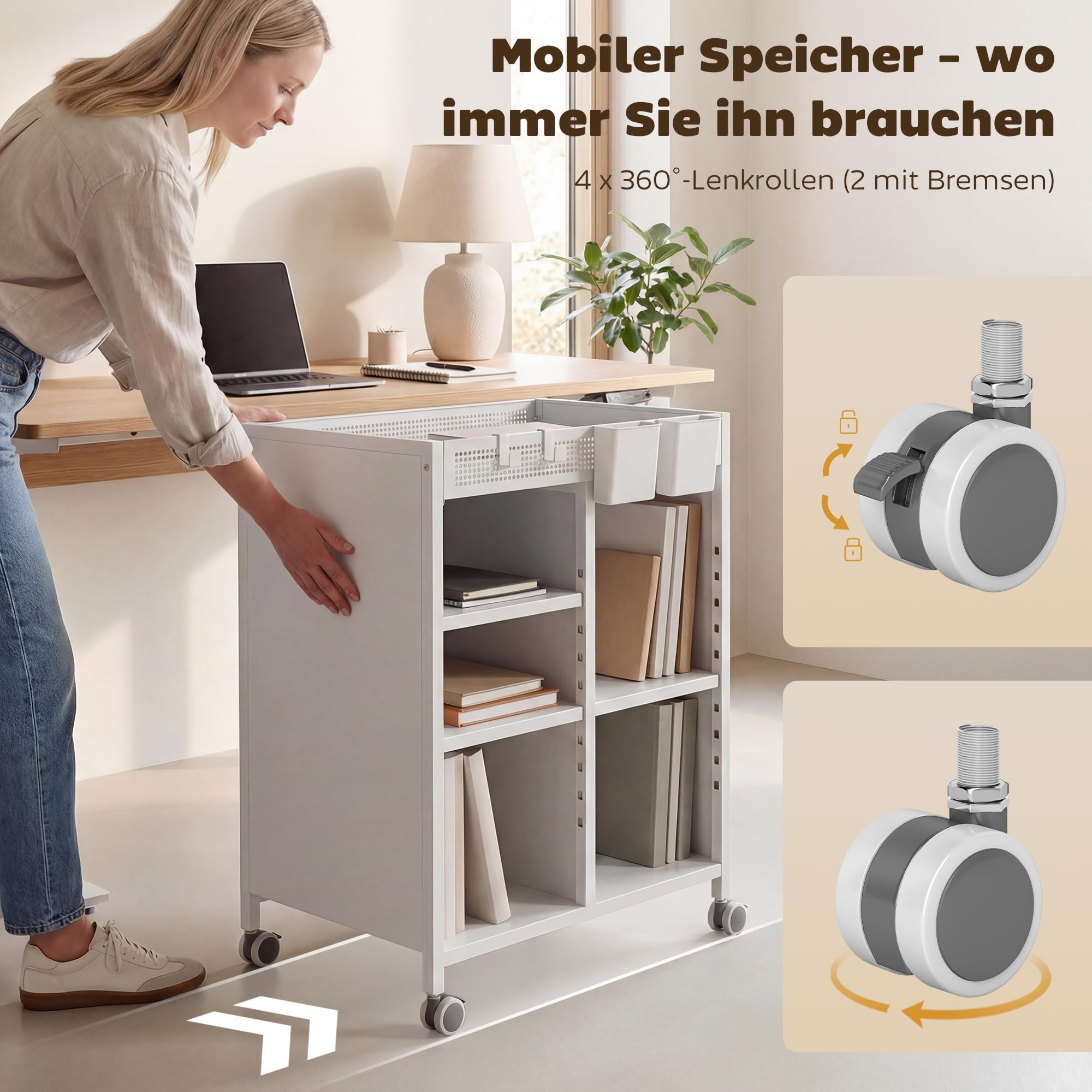 HOMCOM Bücherregal mit Rollen, Bücherwagen mit 4 Ebenen, oberem Aufbewahrungskorb, verstellbaren Regalen, Rollwagen für Zuhause, Wohnzimmer, Büro, Weiß