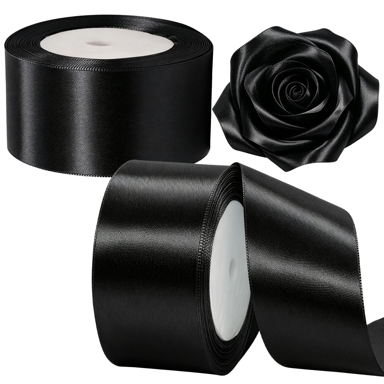 2 Rolls 50mm Black Wide Satin Ribbon for Gift Wrapping, 22m per Roll, 44m Fabric Ribbon for Presents, Crafts, Bows, Bouquets, Wedding and Party Decoration