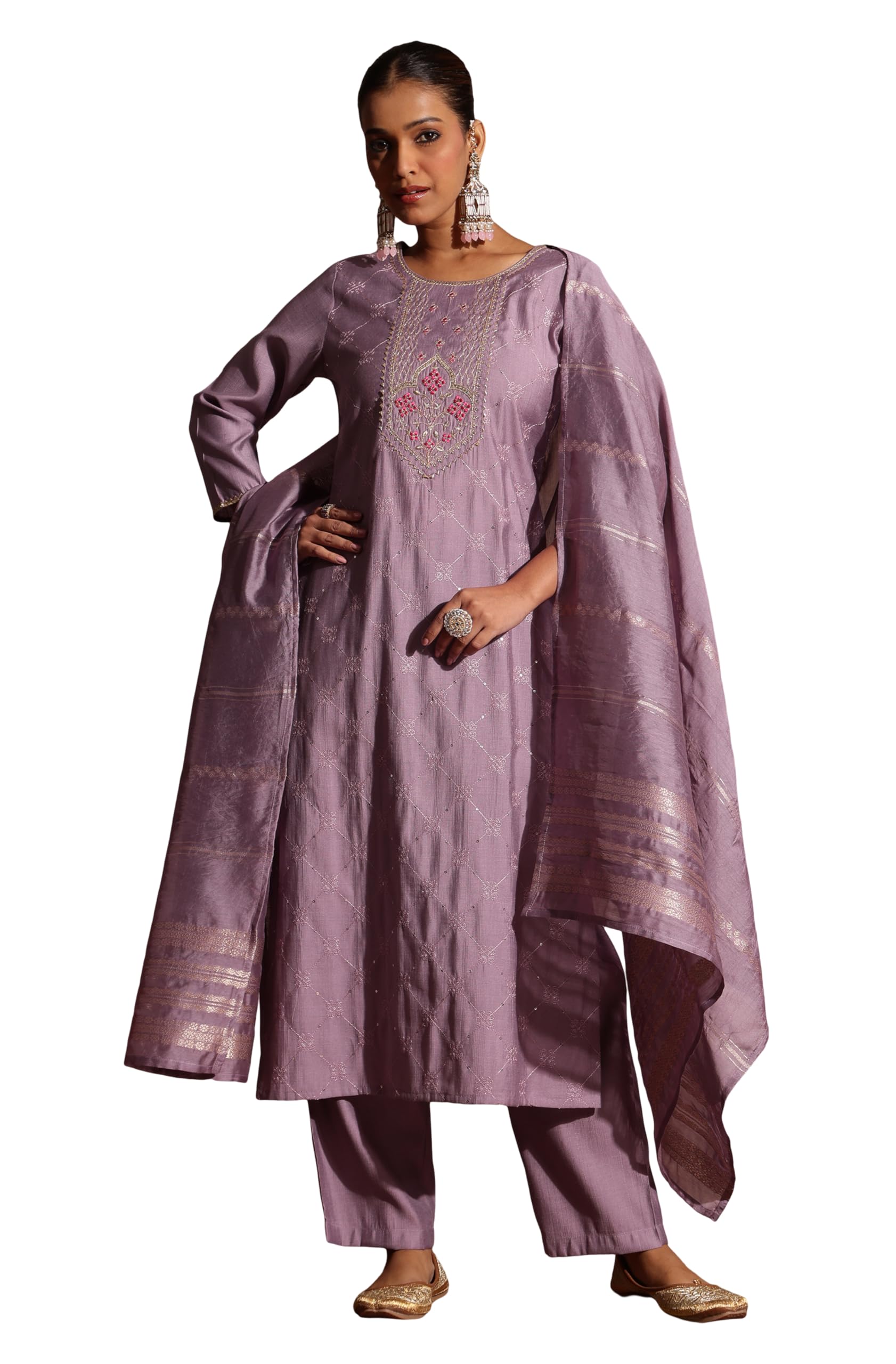 janasya Women's Lavender Silk Blend Embellished Straight Kurta Set-picture-11