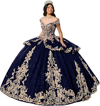 Glitter Gold Applique Quinceanera Dresses with Bow Off Shoulder Layered Quince Dress Crystal Tassel Sweet 16 Dresses