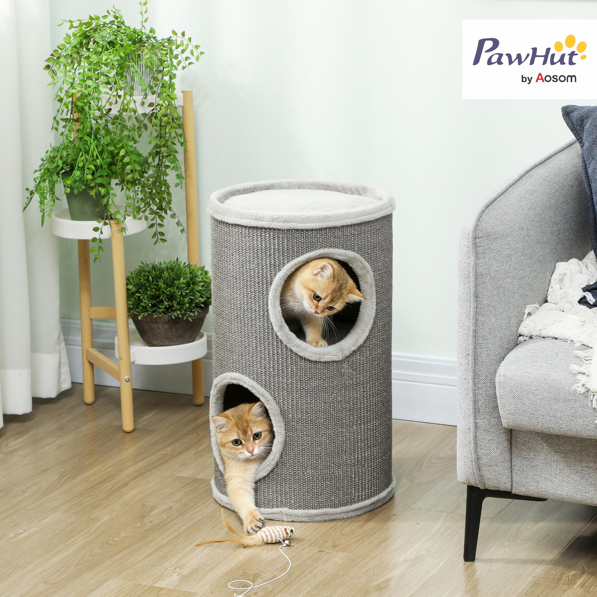 PawHut Arbre à Chat, 60 cm de Haut, Ø 35 cm, Deux étages avec 2 niches, Bordure en Peluche, Tour pour 1 à 2 Chats jusqu'à 5 kg, Gris Clair