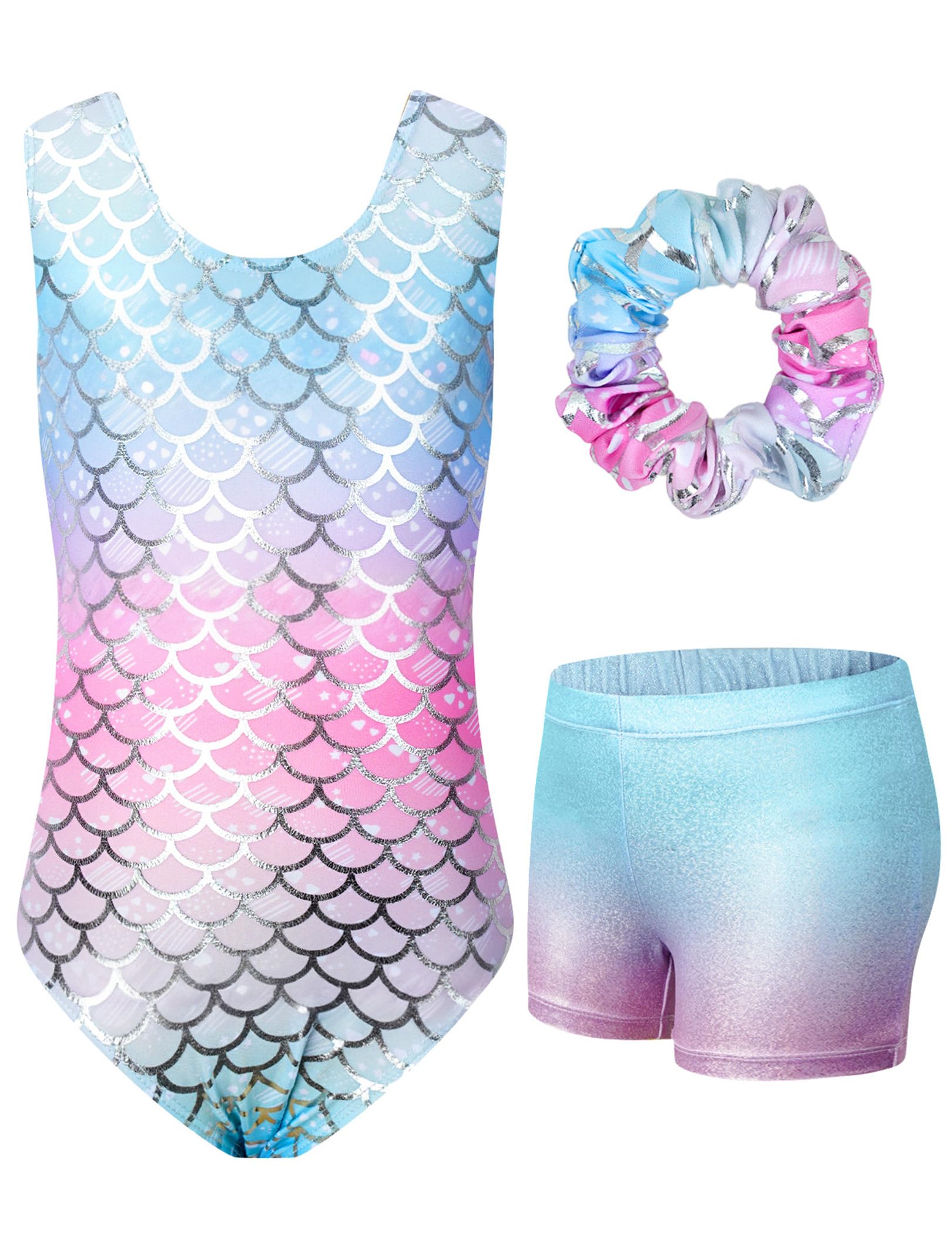 JiAmy Gymnastikanzug Mädchen, Turnanzug Kinder mit Hose Haarband Set, Glänzendes Gymnastik Turnanzug Leotard für 11-12 Jahre