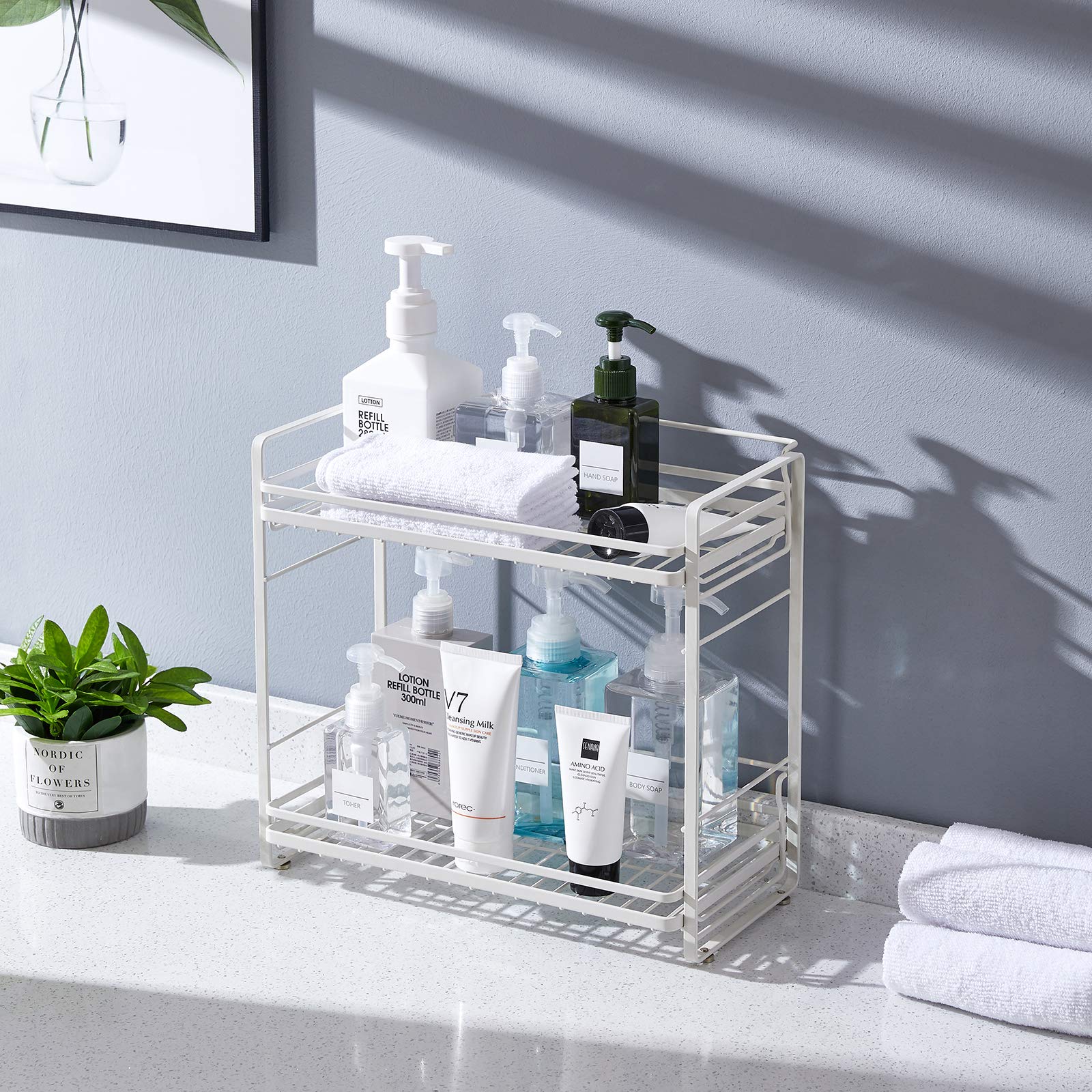 zccz Organizzatore da banco per il bagno a 2 livelli - Scaffale per il bagno - Scaffale per Cosmetici - Vassoio portatrucchi - Portaspezie da cucina Cestello per doccia, Bianco