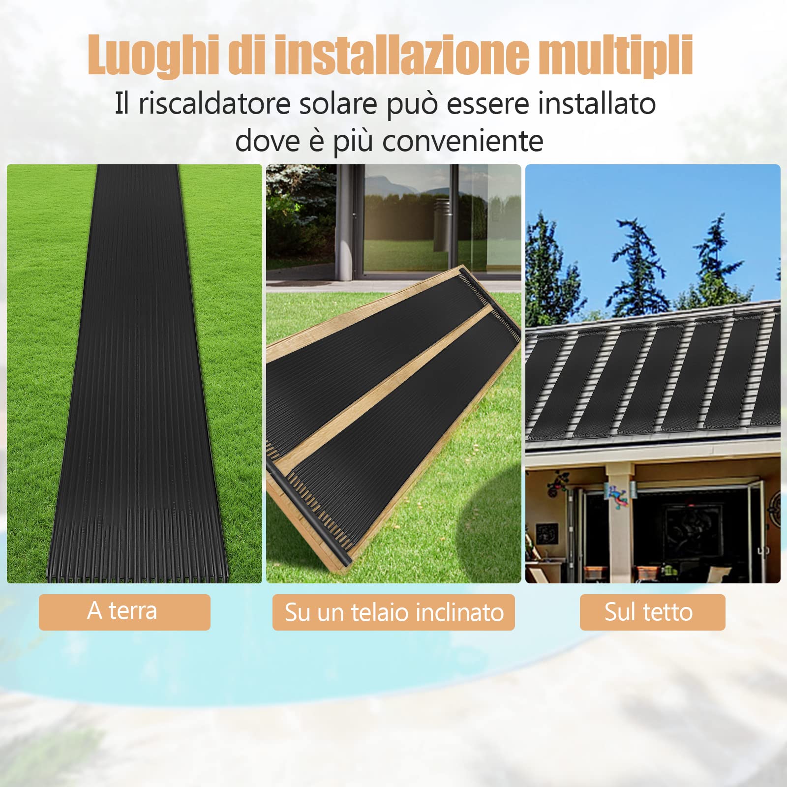 COSTWAY Riscaldatore Solare per Piscina, 2 PCS 500 x 75/600x75 cm Pannelli Solari in PE Resistente alle Intemperie e Assorbimento Efficiente, per 21500/25800 L Piscina Interrata e Fuori Terra (3m)