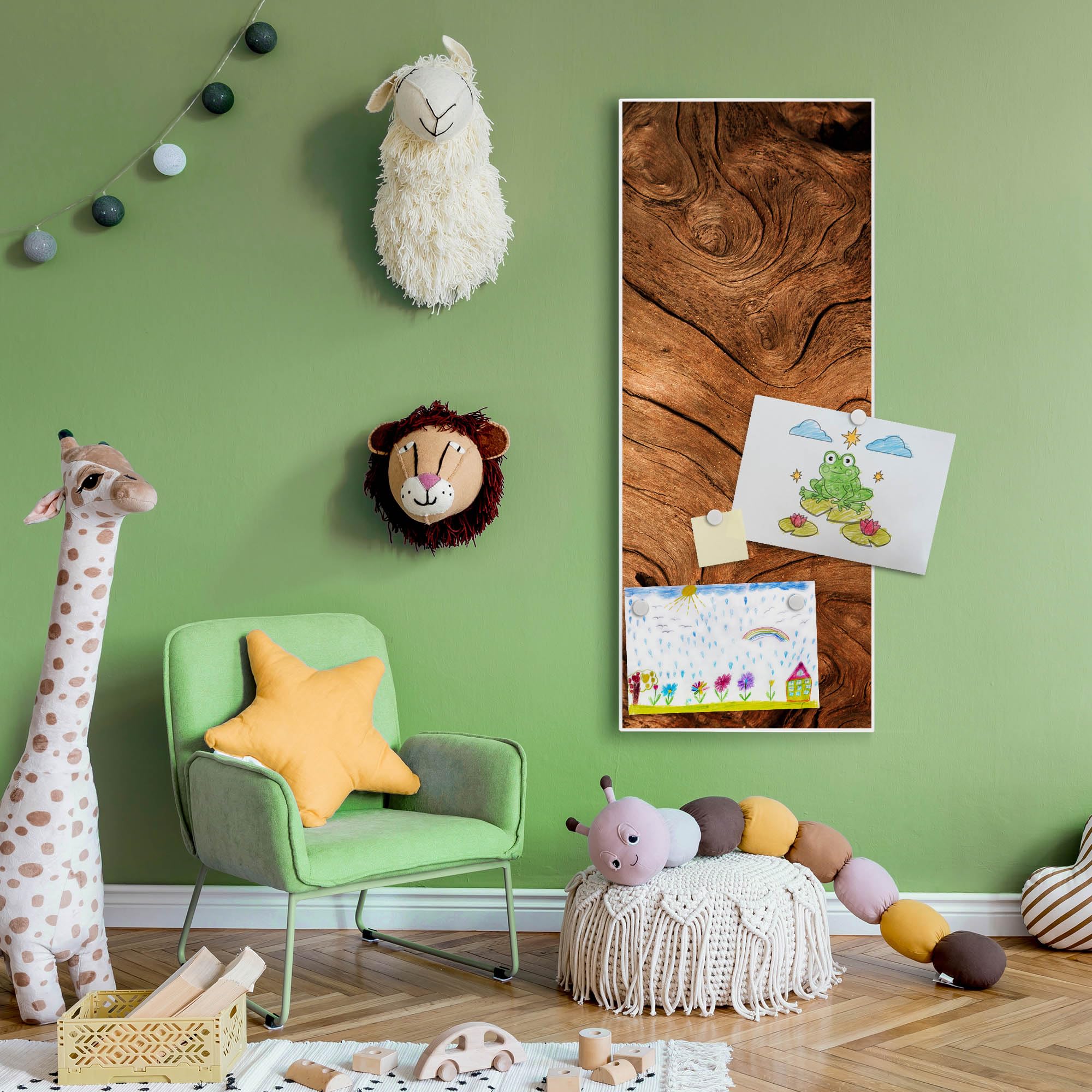 banjado® Magnettafel 30 x 75cm / Magnetwand aus Metall/Magnetpinnwand als Memoboard/Pinnwand Magnettafel Küche, Büro, Kinderzimmer inkl. 4 Magnete & Montageset - Motiv Trockenes Holz