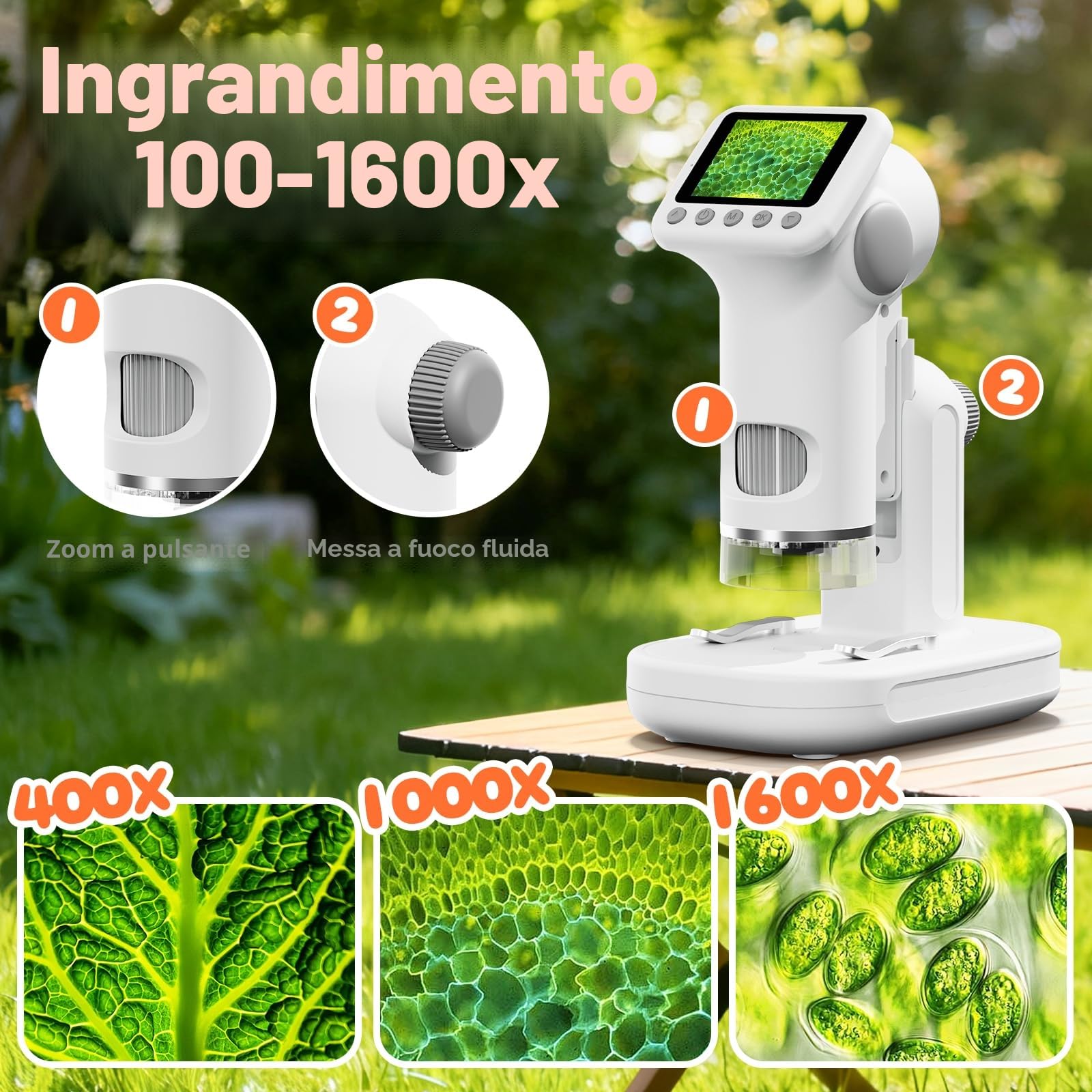 1600X Microscopio bambini, Microscopio Digitale da 2.0" Microscope Elettronico Portatile con 6 luci LED Regolabili e Vetrini, Adatto come regalo di Natale, Capodannodai 3-14 anni