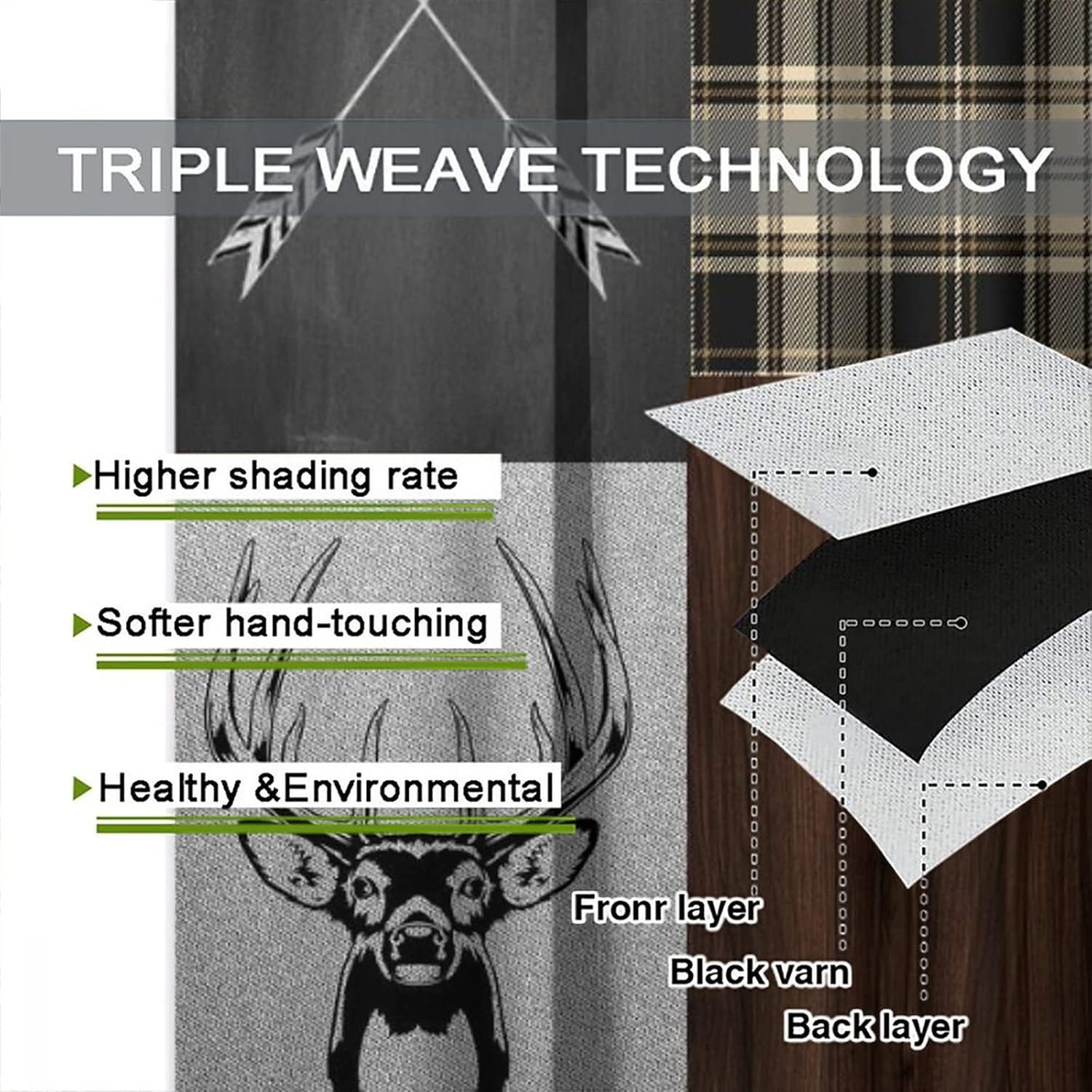 Rustic Carbin Curtains Deer Bear Living Room Curtains, Cabin Deer Bear Elk Moose Wild Animals Curtains for Bedroom, Plaid Check Adventure Farmhouse Drapes 2 Panel Sets,52x84 Inch