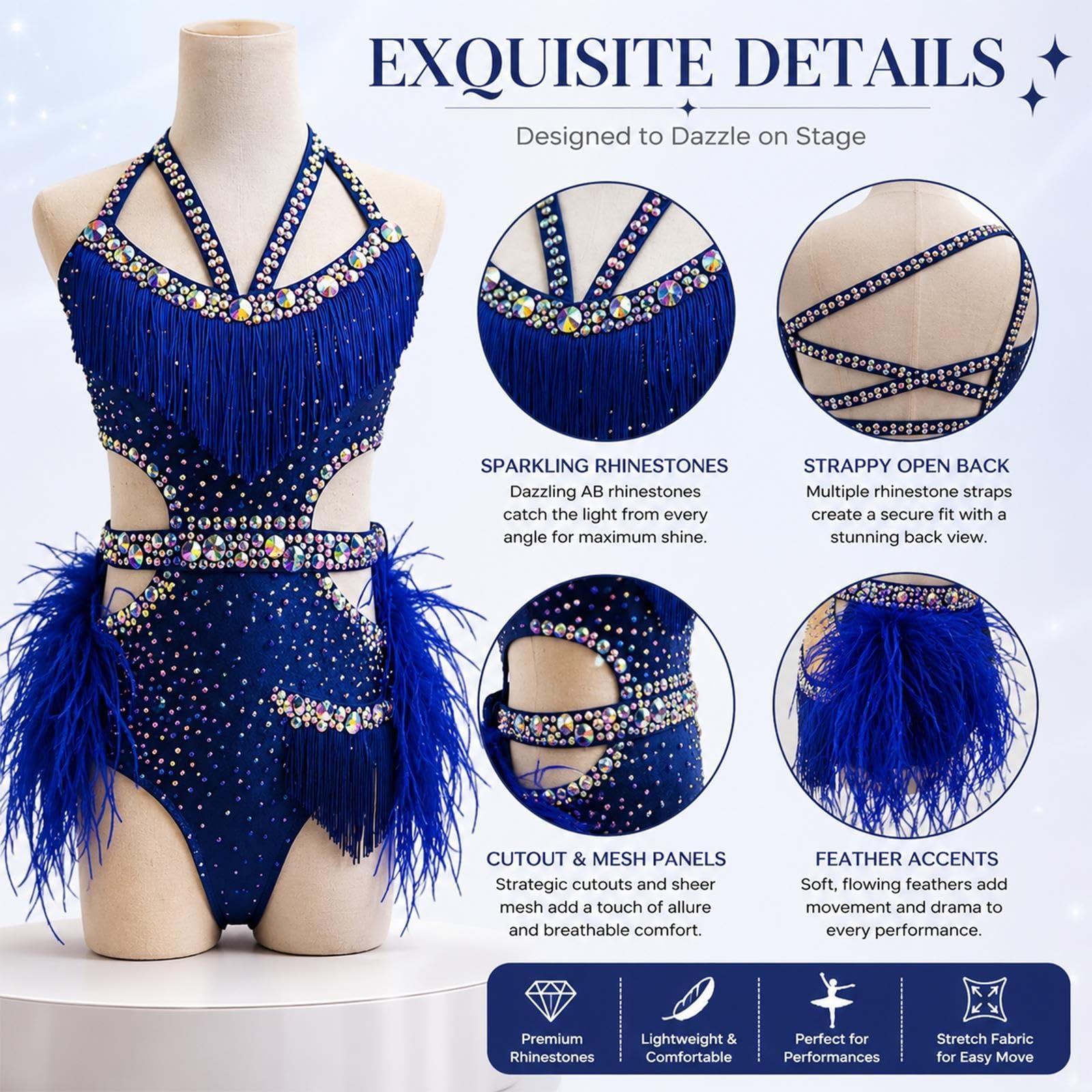 Strój do tańca jazzowego damski dziewczęcy z kryształkami i piórami
