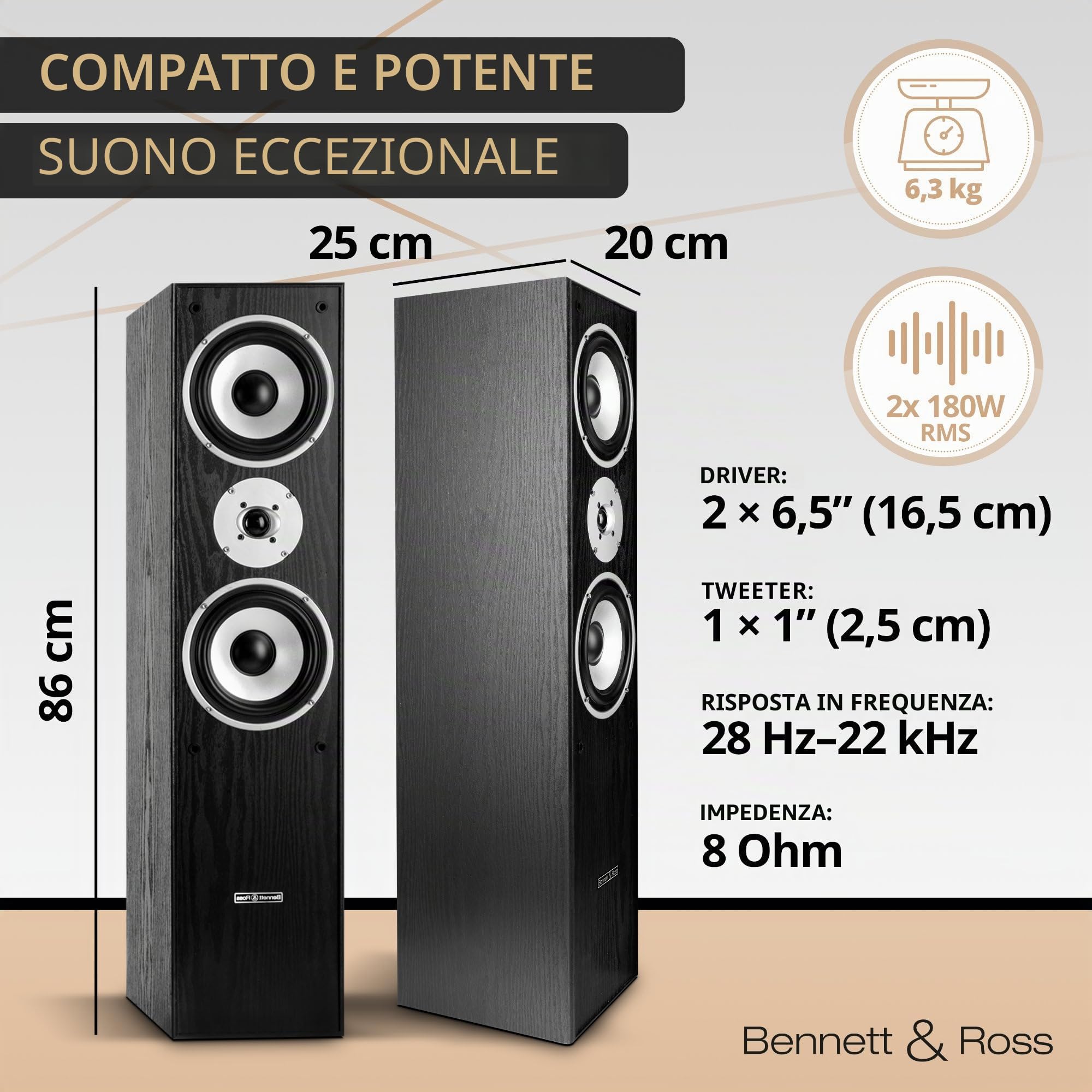 Bennett & Ross Radiant HiFi Coppia Diffusori da Pavimento Neri 2x 180W RMS | Potenza per diffusore: 180 Watt RMS (350W MAX) corrisponde a 360 Watt RMS (700W MAX) per coppia, Woofer da 6, 5" (16, 54 cm)
