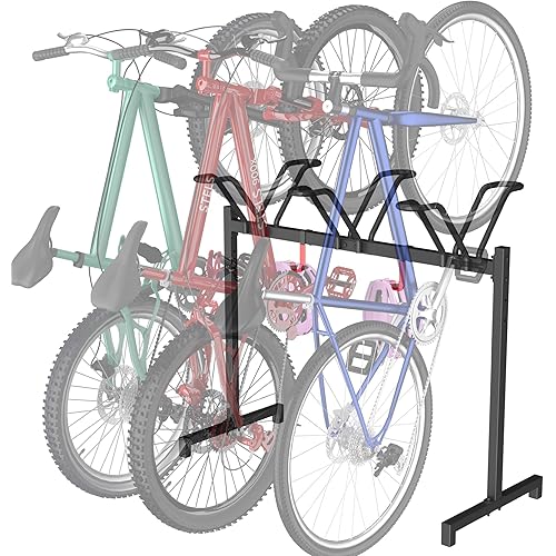 3 Bikes Floor Stand, Adjustable Bicycle Parking Rack with Hook for Garage, Indoor, Outdoor, Metal Cycle Storage Organizer Rack for Mountain, Road and Kids Bikes, Max Tire Width 2.5”, Black