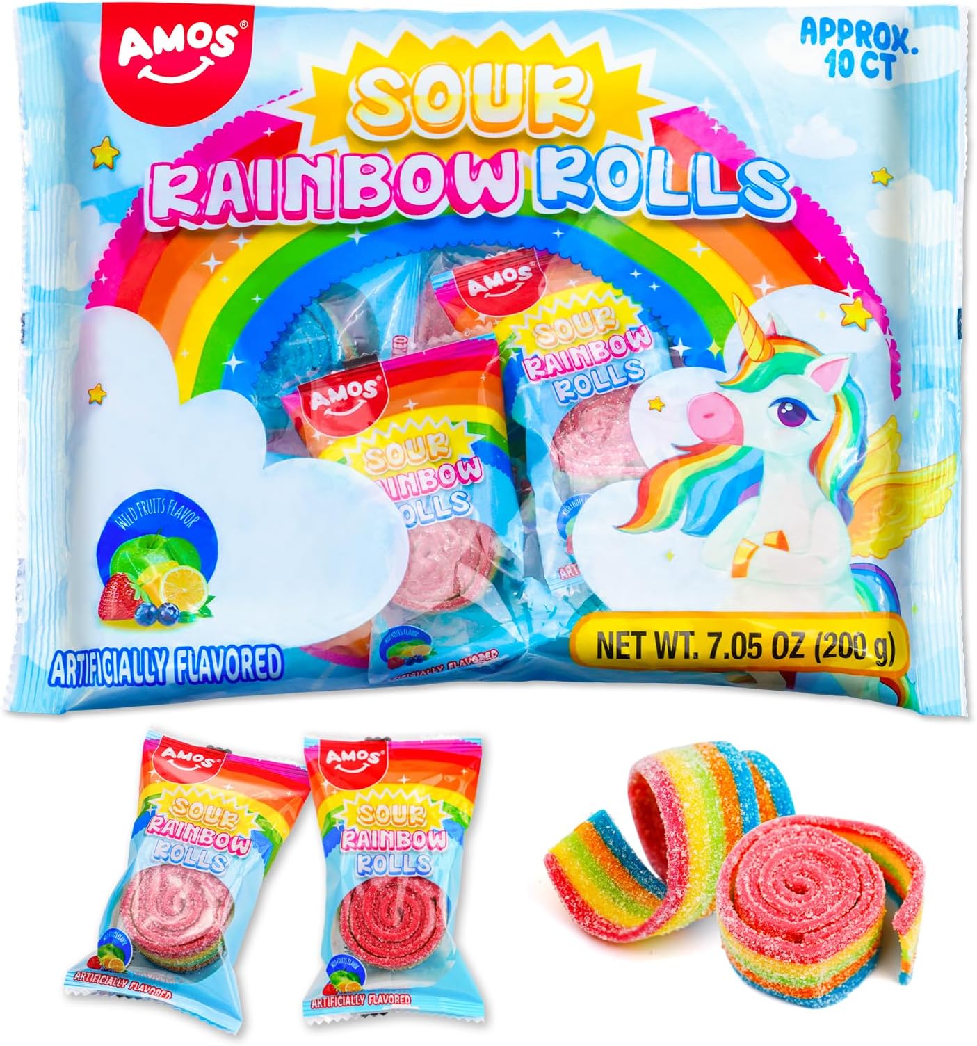 AMOS Rainbow Sour Belts Licorice Candy, Sour Rainbow Strips Gummy Unicorn Party Favors，Assorted Fruit Snack for Kids, 7.05oz Bulk Party Bag