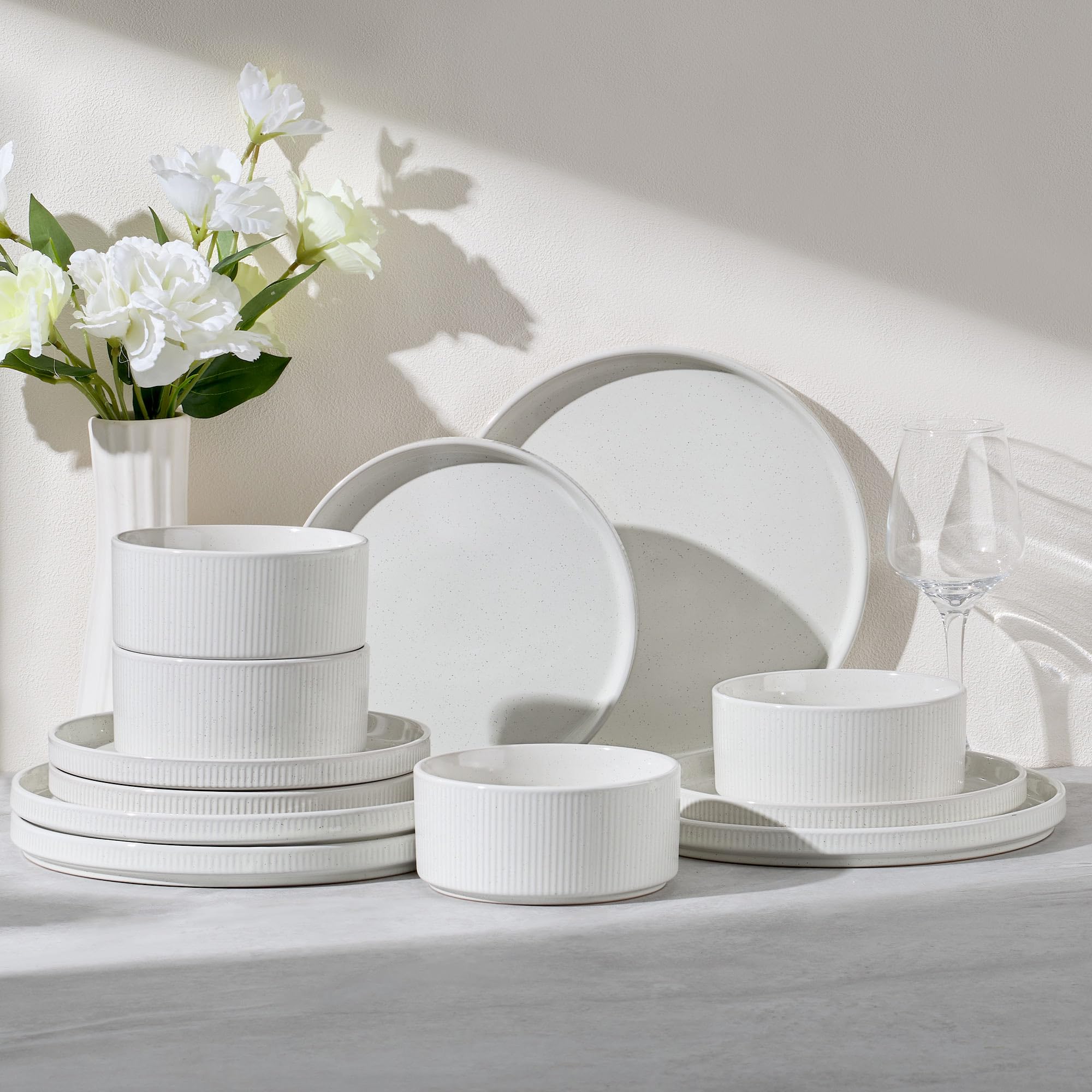 E-far 12-Piece Plates and Bowls Sets, Stoneware Dinnerware Dishes Sets for 4, Kitchen Modern Dining Dishware, Chip &amp; Scratch Resistant, Microwave &amp; Dishwasher Safe, Speckled White