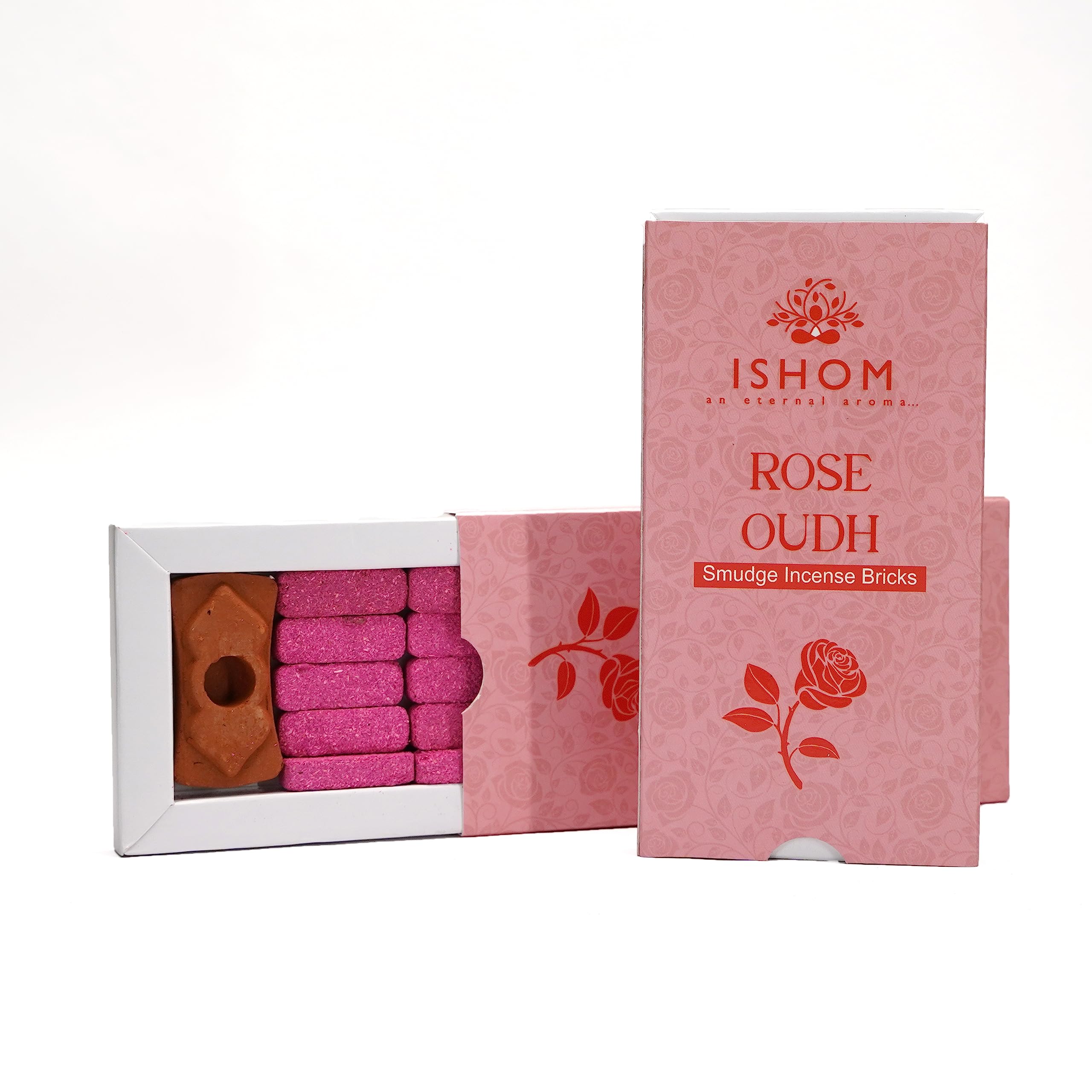 ISHOM| Rose Oudh Smudge Incense Bricks| Made with Rose Oil & Agarwood Powder | for Love & Affection |15N+1 Burner