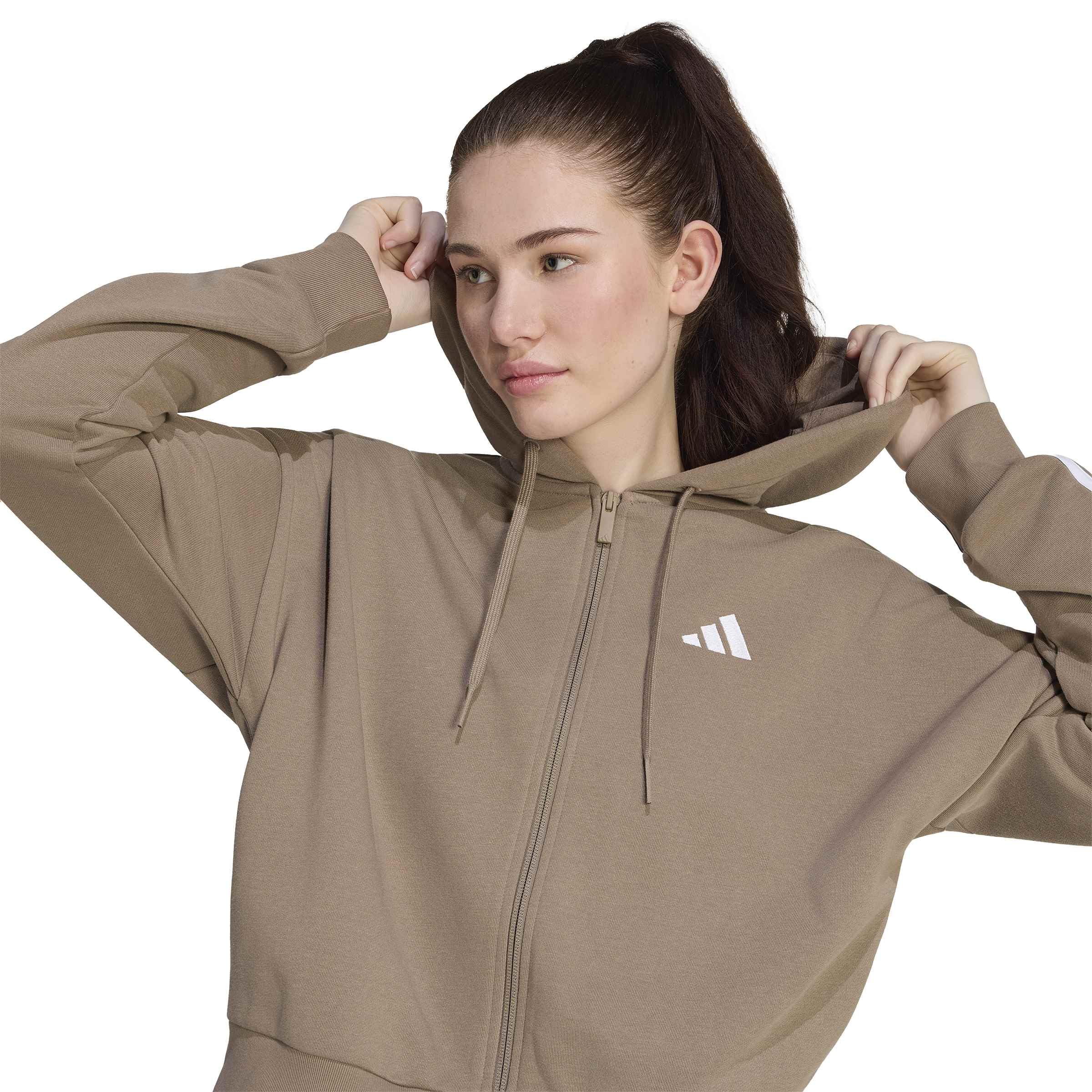 adidas Kobiety Essentials 3-Stripes French Terry Full Zip Hoodie Sweatshirt, Khaki Six/white, XS