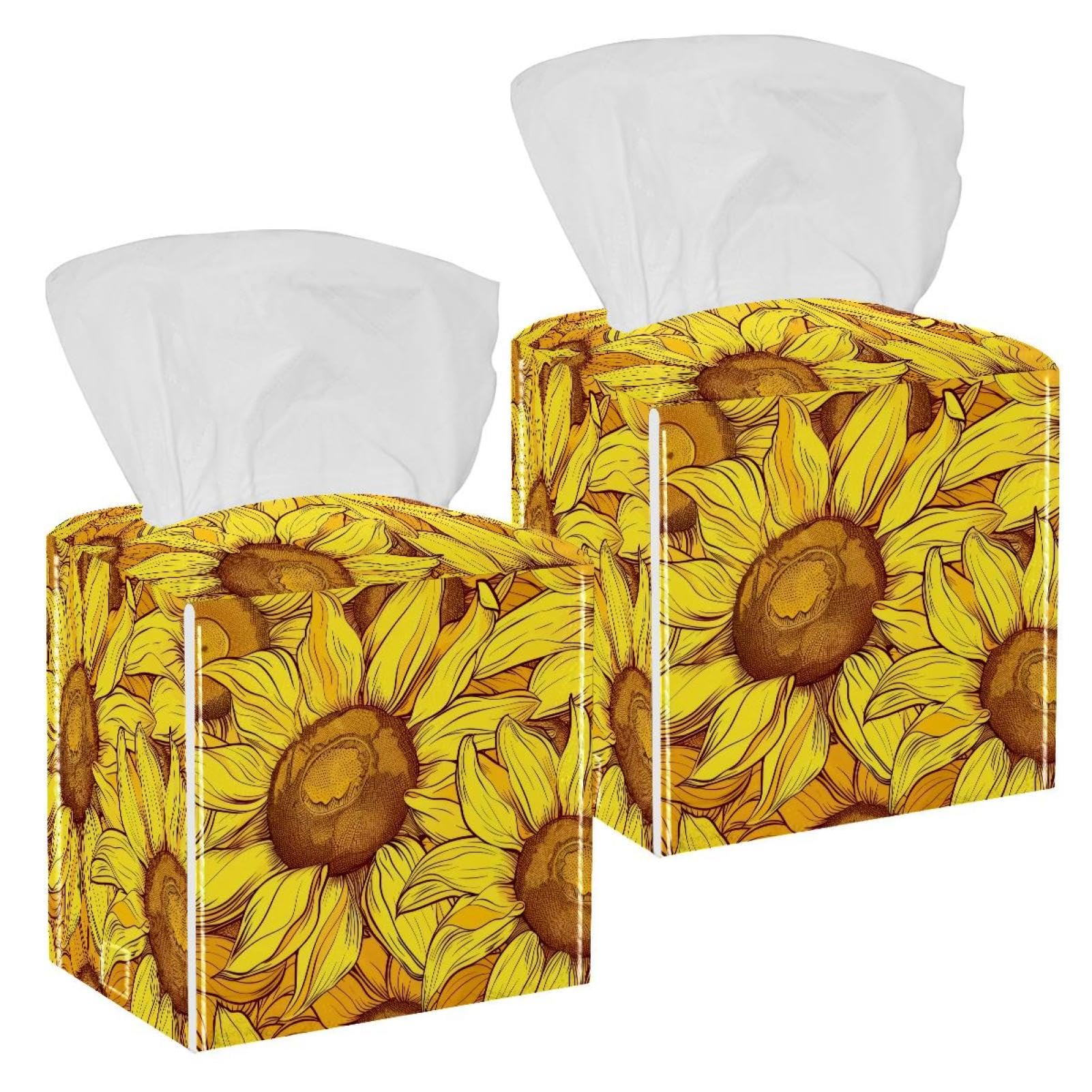 Sunflower Seamless Pattern Tissue Box Cover, 2 Pack PU Leather Square Facial Tissue Dispenser Box holder for Home Office Car