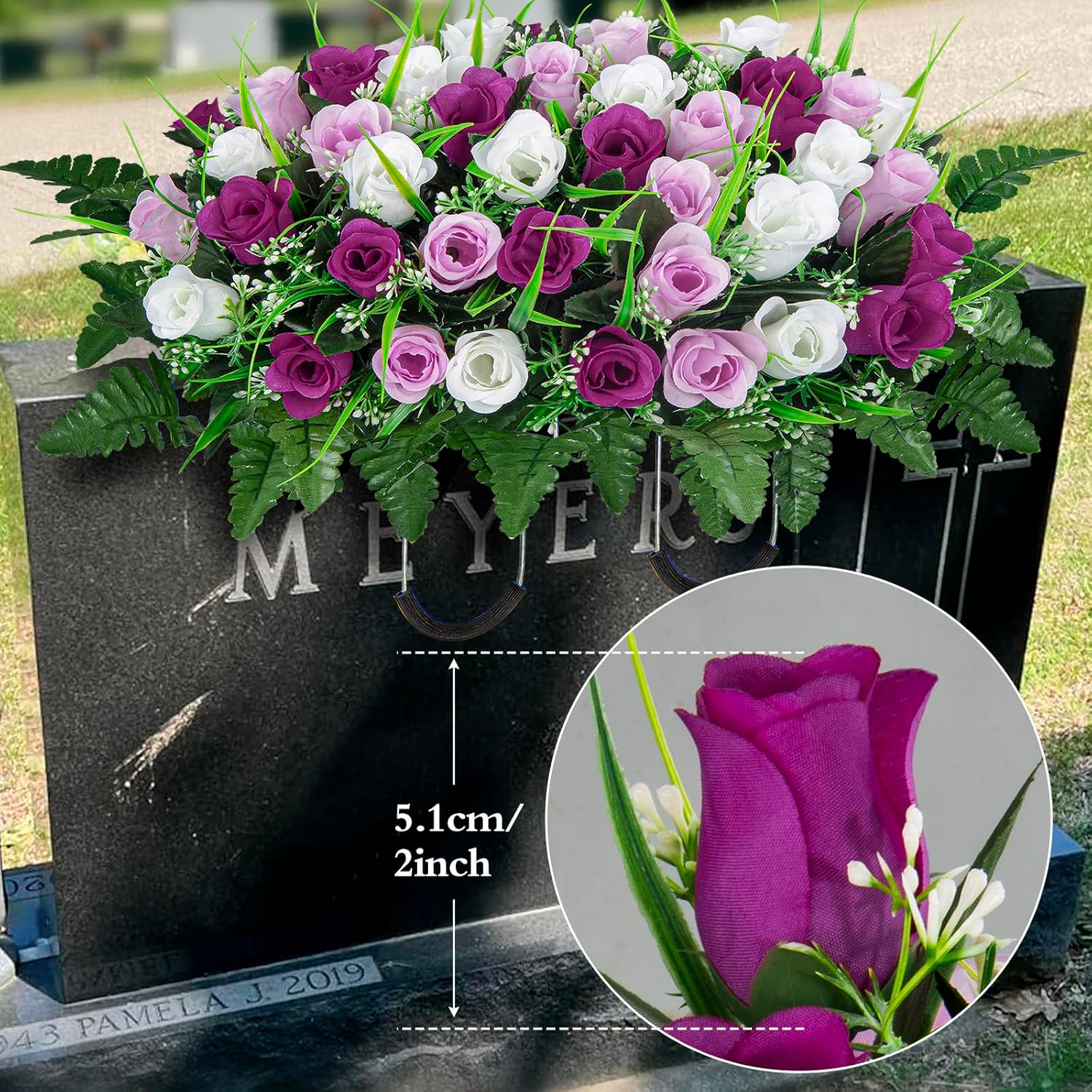 Artificial Cemetery Flowers Saddle, 2 Sets Grave Flowers Rose with Vase, Memorial Headstone Flowers Saddle for Cemetery Grave Tombstone Decorations (1 Saddle 2 Bouquets)