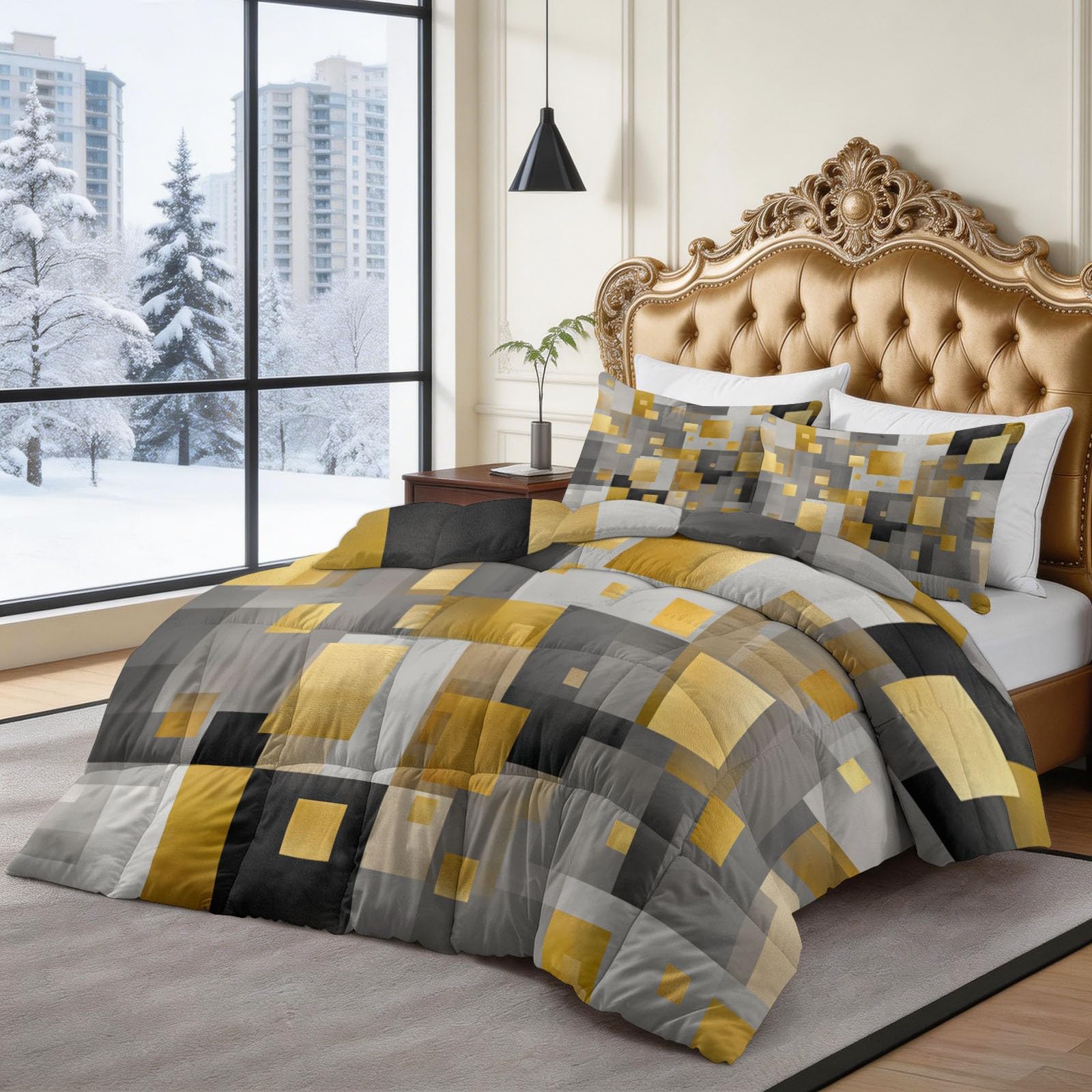 Completo Copripiumino Imbottito 200 x 200 cm Geometria Moderna Architettura Cubo Trapunta Tutto in Uno, Microfibra Traspirante & Lavabile Edredón – Set 3 Pezzi con 2 Federe, Design Elegante, Grigio