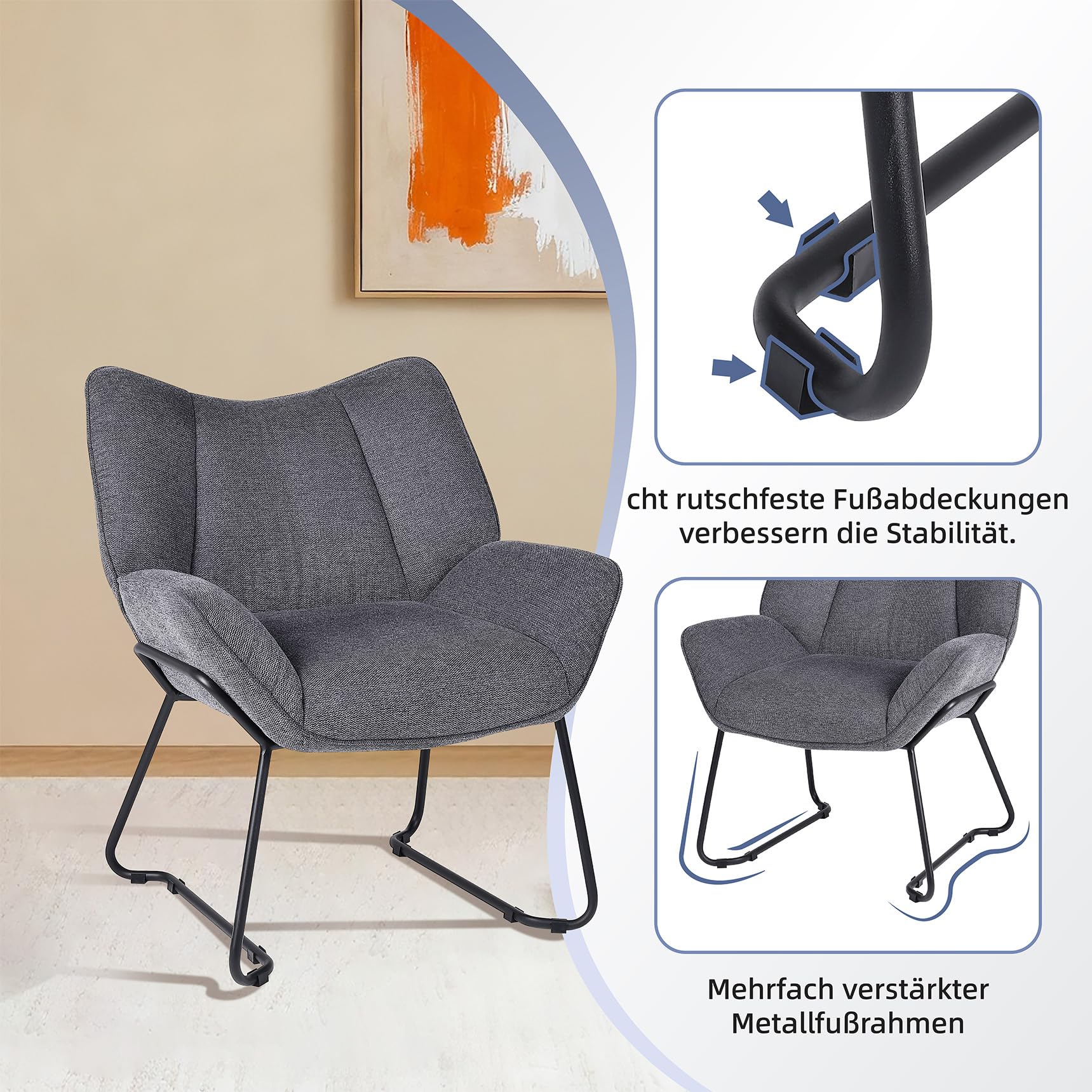 Youhauchair Sessel Wohnzimmer Loungesessel modern Lesesessel gepolstert Ohrensessel mit Metallbeinen für Schlafzimmer/Wohnzimmer, Leinen, Dunkelgrau