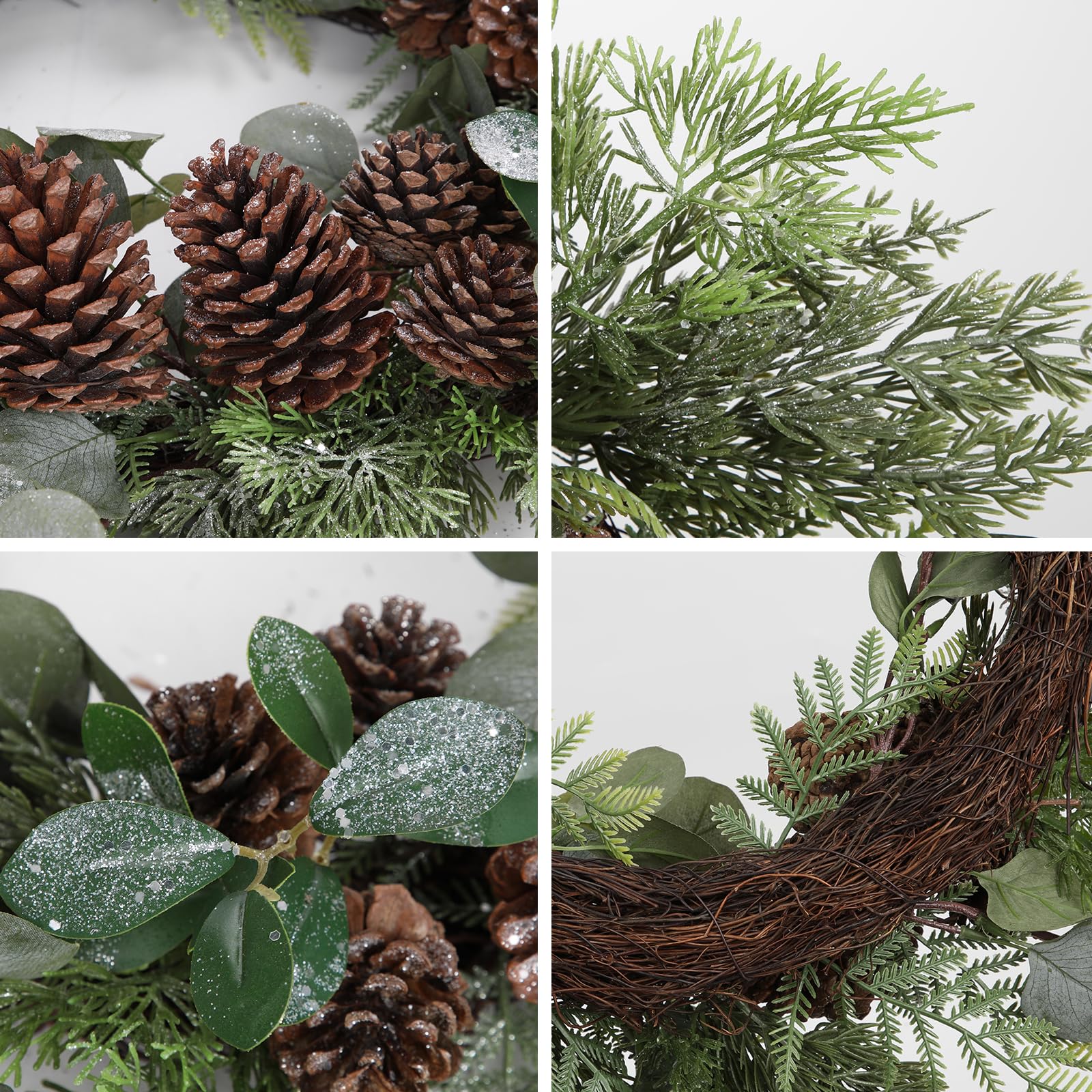 Oairse Corona de Navidad artificial de 24 pulgadas, corona grande para puerta delantera con hojas verdes de eucalipto brillante, ramas de pino, conos de pino para el hogar, habitación, chimenea, pared